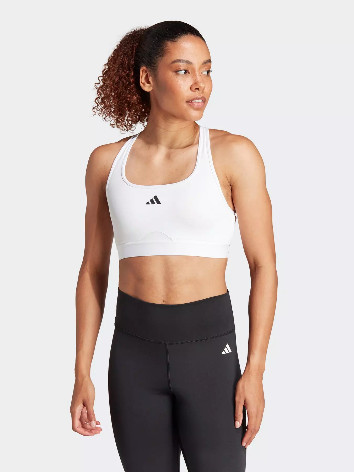 adidas, Power React Three Stripes Womens Medium Support Sports Bra, Black/ White