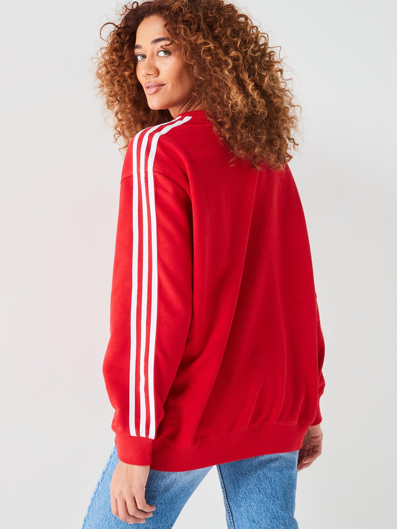 adidas Originals Womens 3 Striped Oversized Crew - Red | Very.co.uk