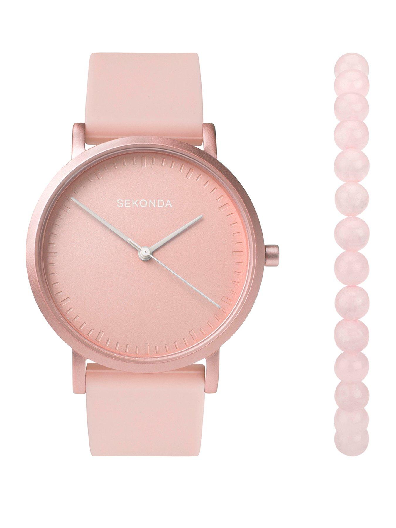 Sekonda Womens Palette Pink Silicone Strap with Pink Dial Analogue Watch with Matching Pink Rose Quartz beaded bracelet Gift Set Very