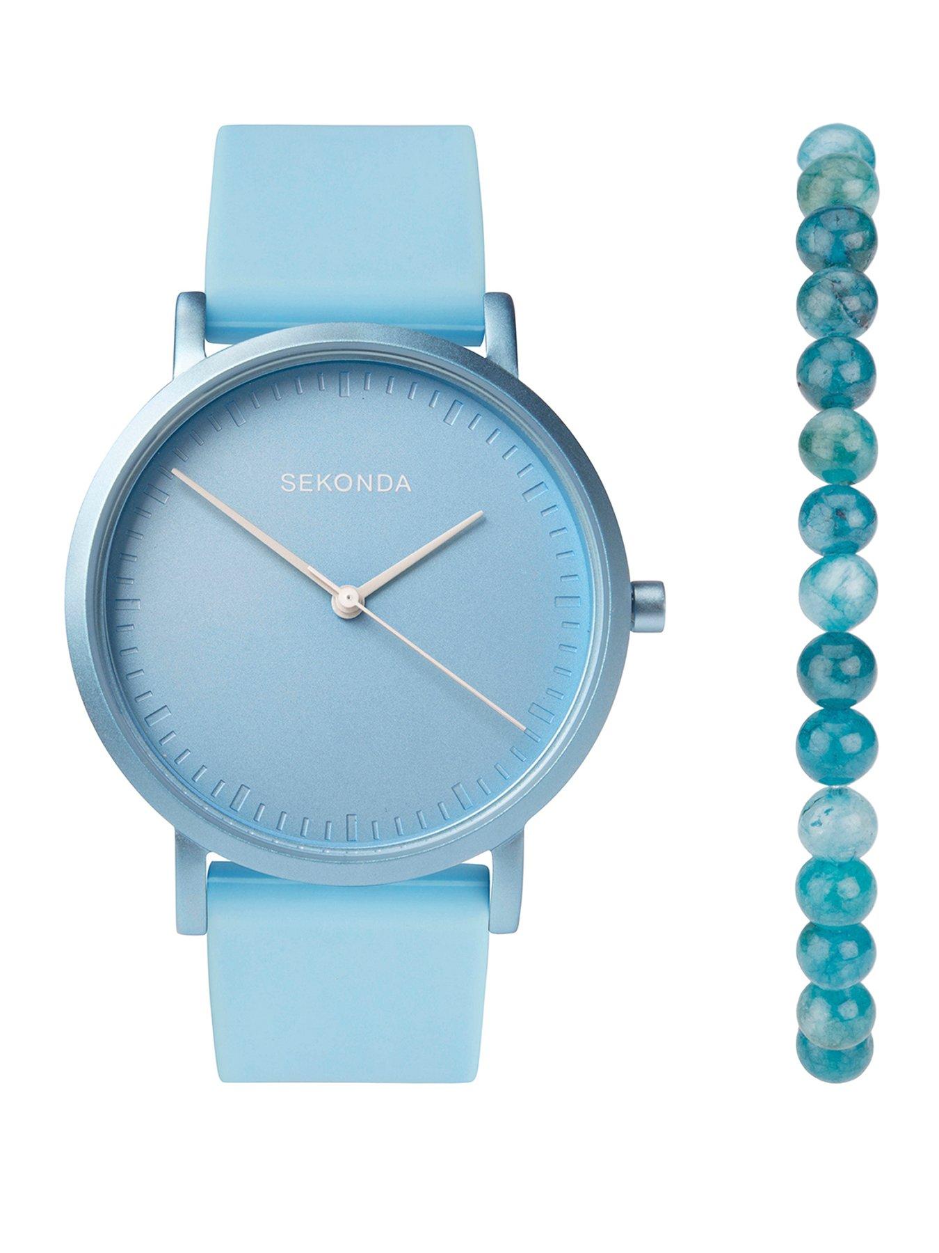 Womens Palette Light Blue Silicone Strap with Light Blue Dial Analogue Watch with Matching Blue Apatite stone beaded bracelet Gift Set