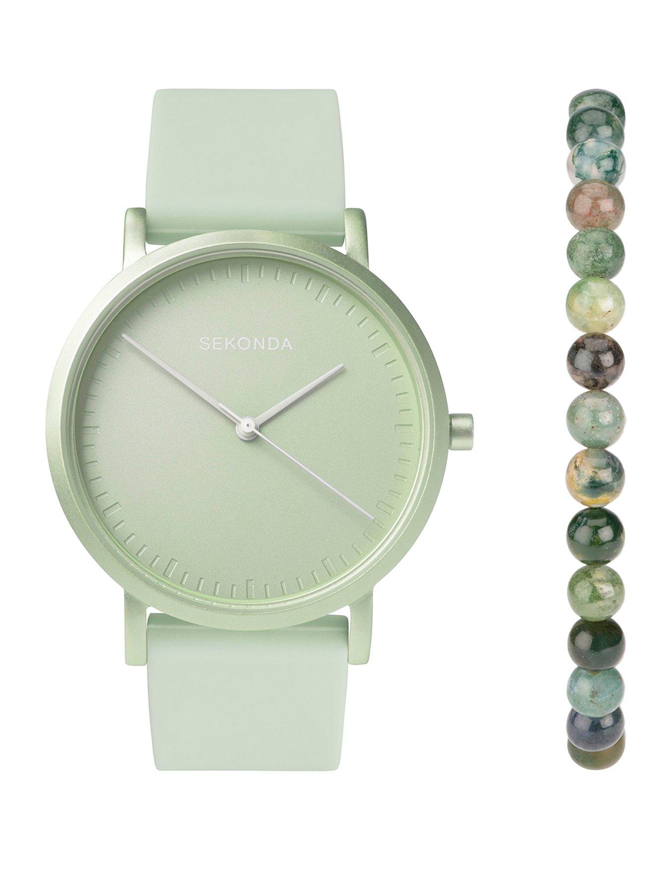 Product photograph of Sekonda Womens Palette Light Green Silicone Strap With Green Dial Analogue Watch With Matching Green Moss Agate Beaded Bracelet Gift Set from very.co.uk