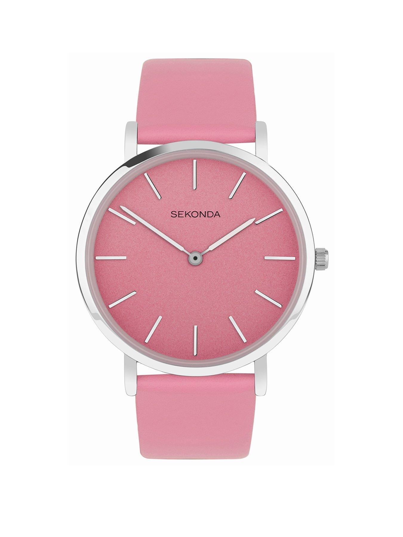 Ladies watch pink leather strap deals
