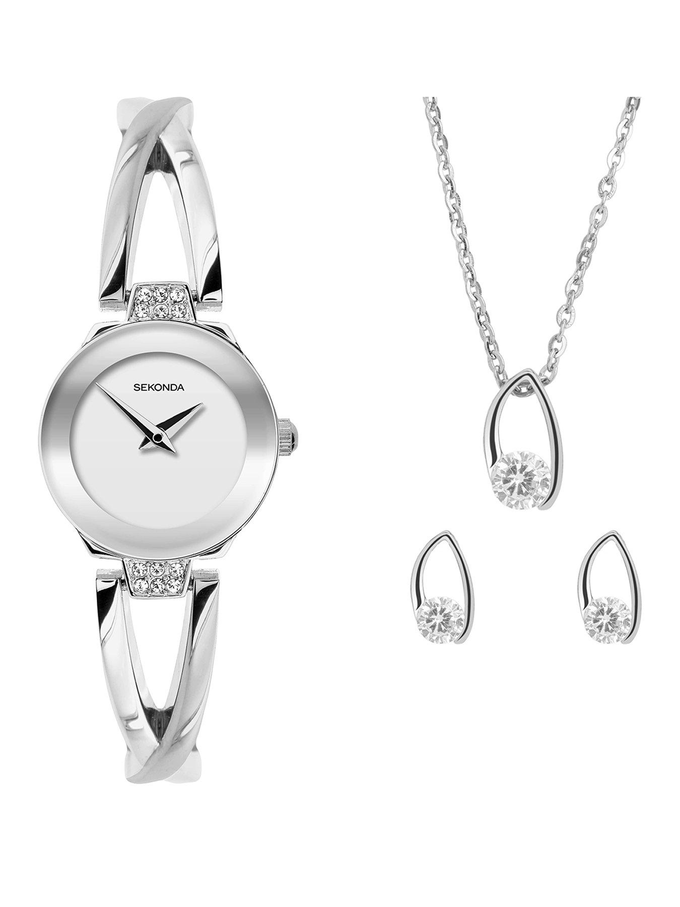 Product photograph of Sekonda Womens Silver Alloy Semi-bangle With Silver White Dial Analogue Watch And Matching Pendant And Earrings Gift Set from very.co.uk