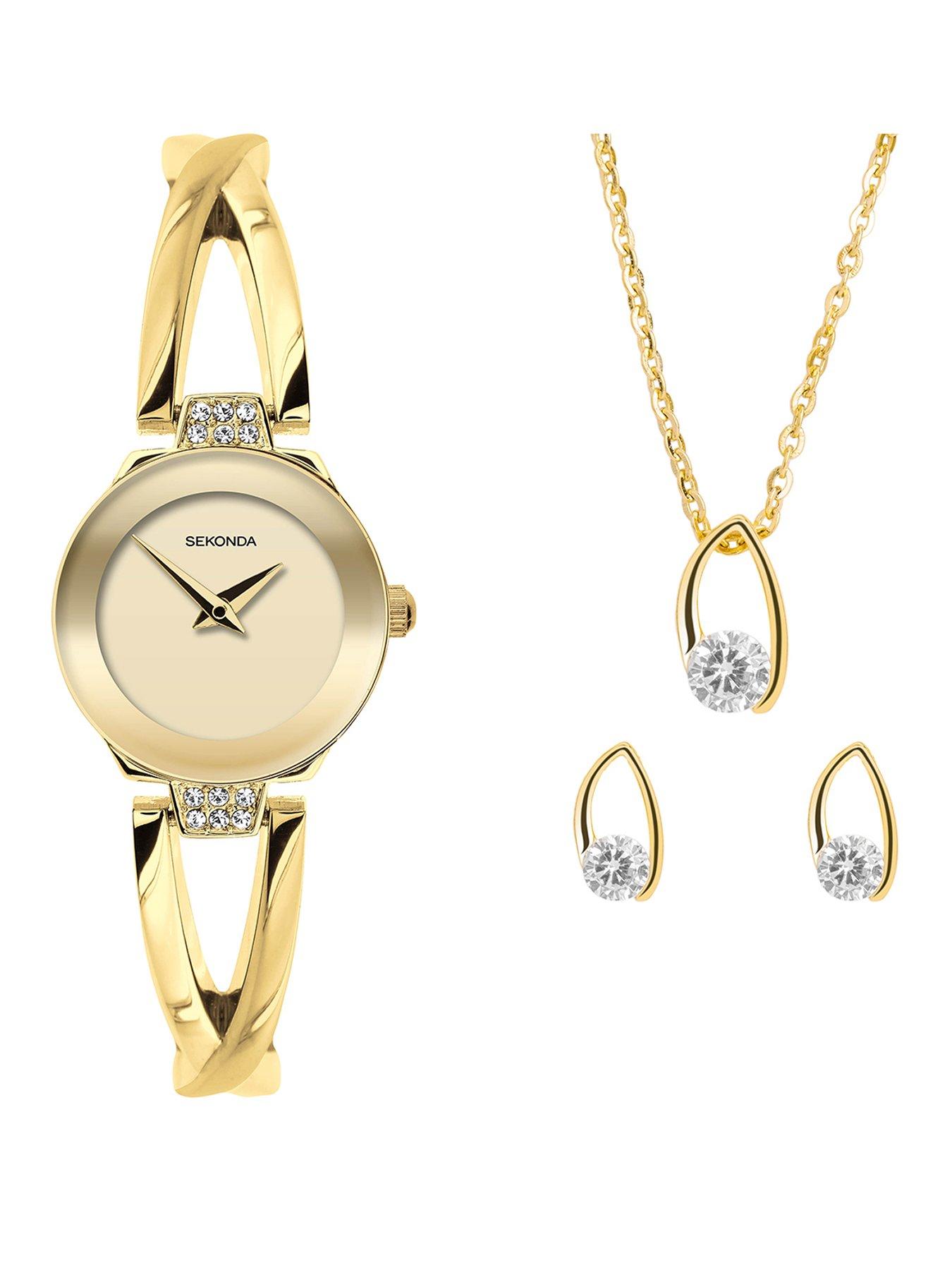 Sekonda Womens Gold Alloy Semi-Bangle with Champagne Dial Analogue Watch and Matching Gold Pendant and Earrings Gift Set