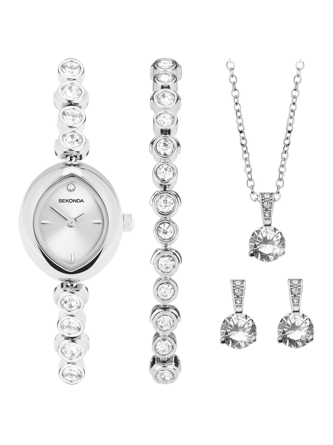 undefined Womens Silver Alloy Bracelet with Silver Dial Analogue Watch and Matching Pendant and Earrings Gift Set