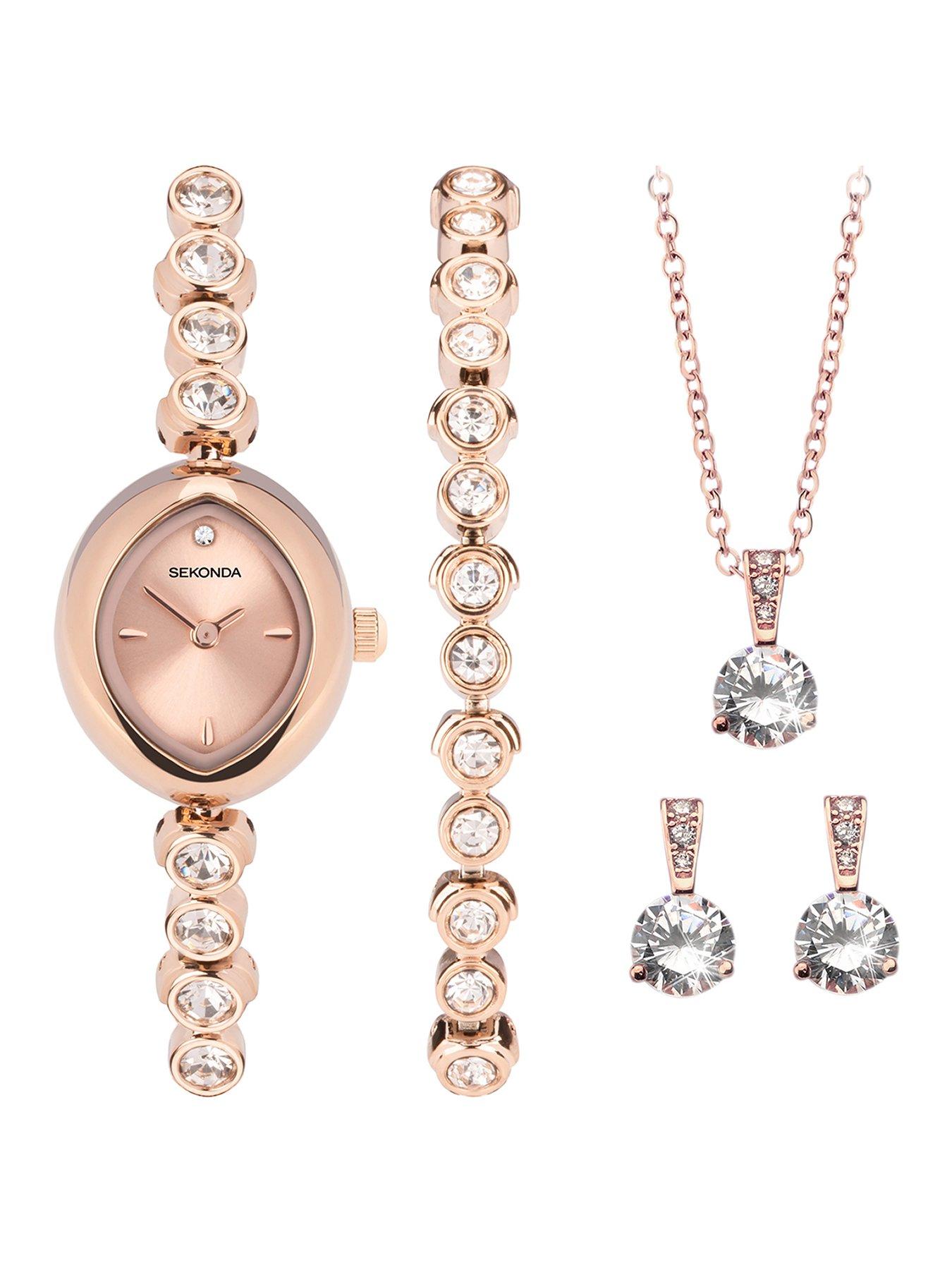 Product photograph of Sekonda Womens Rose Gold Alloy Bracelet With Rose Dial Analogue Watch And Matching Rose Gold Pendant And Earrings Gift Set from very.co.uk