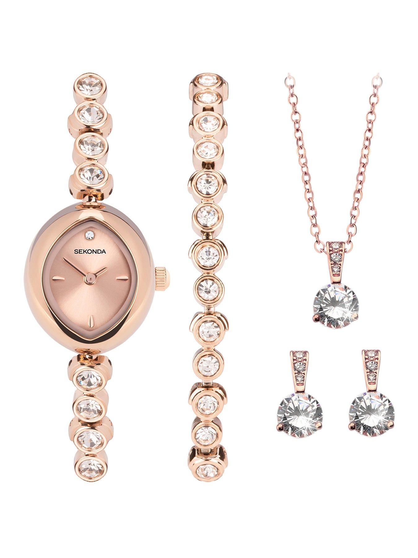 Sekonda Womens Rose Gold Alloy Bracelet with Rose Dial Analogue Watch and Matching Rose Gold Pendant and Earrings Gift Set