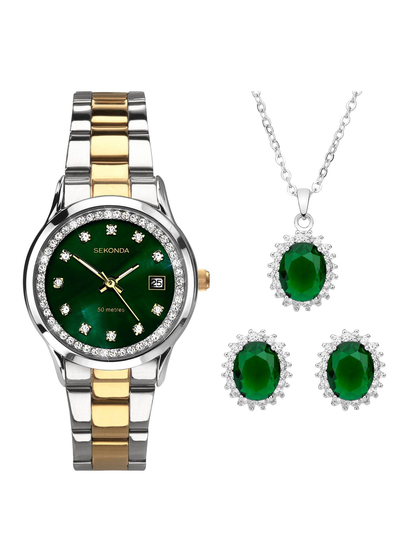 Sekonda Womens Catherine Two Tone Stainless Steel Bracelet with Green Dial Analogue Watch and Matching Pendant and Earrings Stone Set Gift Set