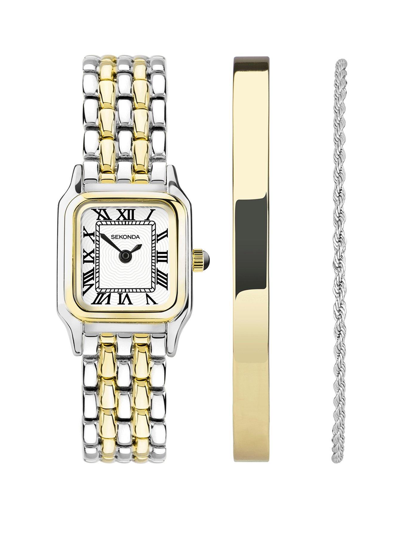 Product photograph of Sekonda Womens Monica Two Tone Bracelet With White Dial Analogue Watch And Matching Gold Bangle And Silver Bracelet Gift Set from very.co.uk