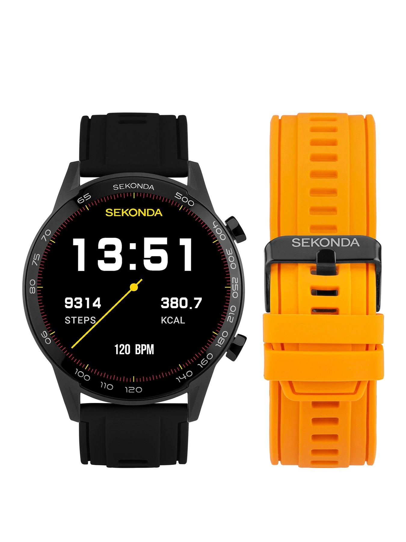 Product photograph of Sekonda Mens Active Plus Black Silicone Strap Smartwatch With Free Additional Orange Strap from very.co.uk