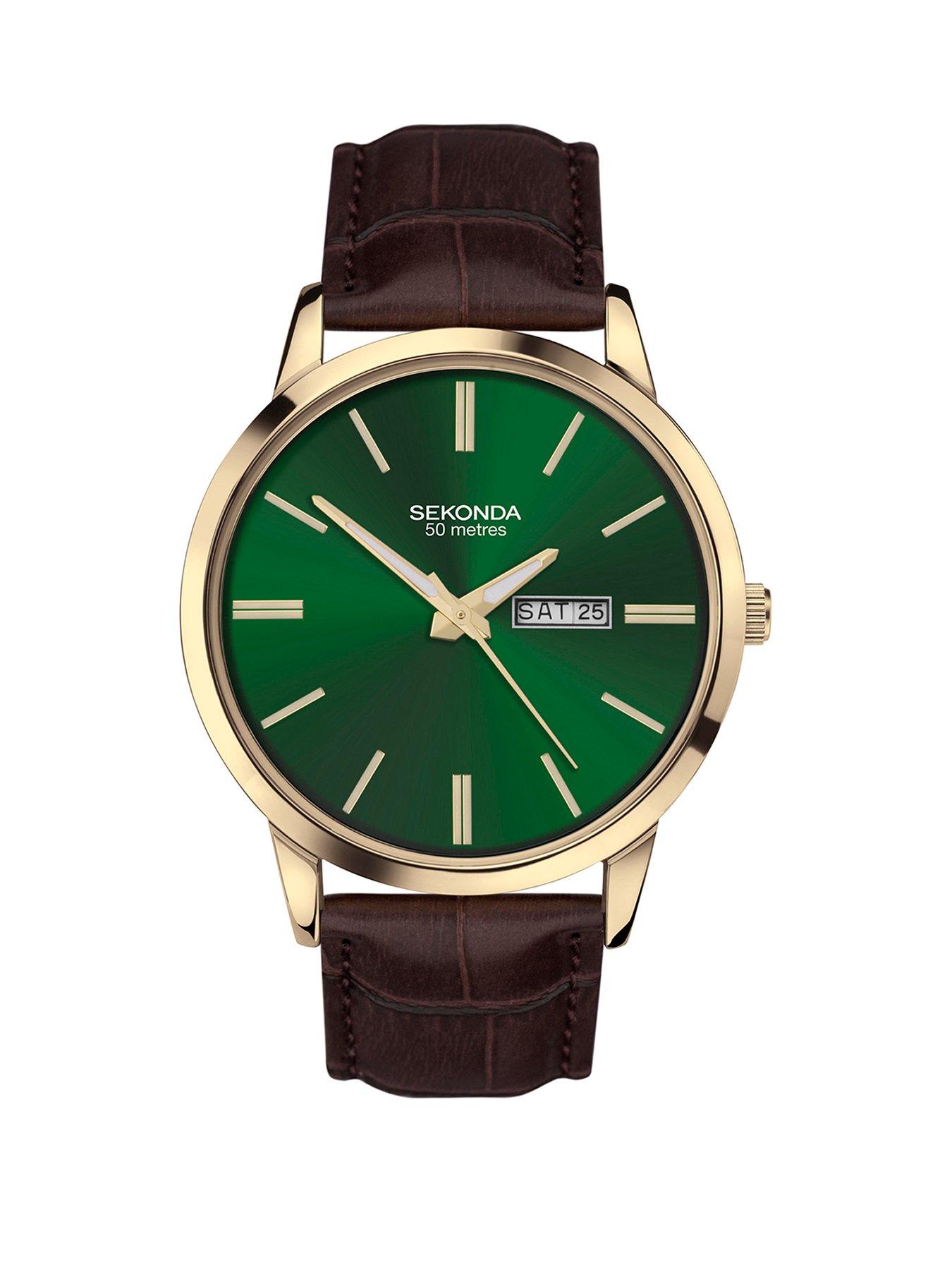 Product photograph of Sekonda Mens Classic Jackson Brown Leather Strap With Green Dial Analogue Watch from very.co.uk