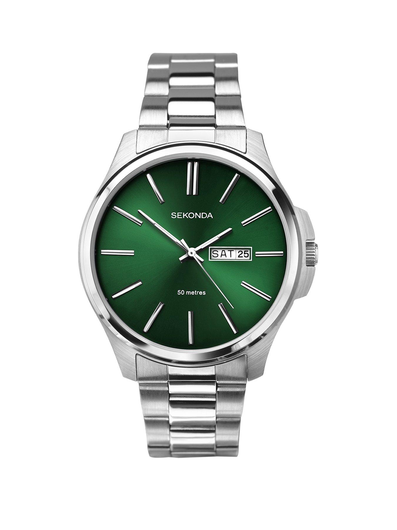 Product photograph of Sekonda Mens Classic Jones Silver Stainless Steel Bracelet With Green Dial Analogue Watch from very.co.uk