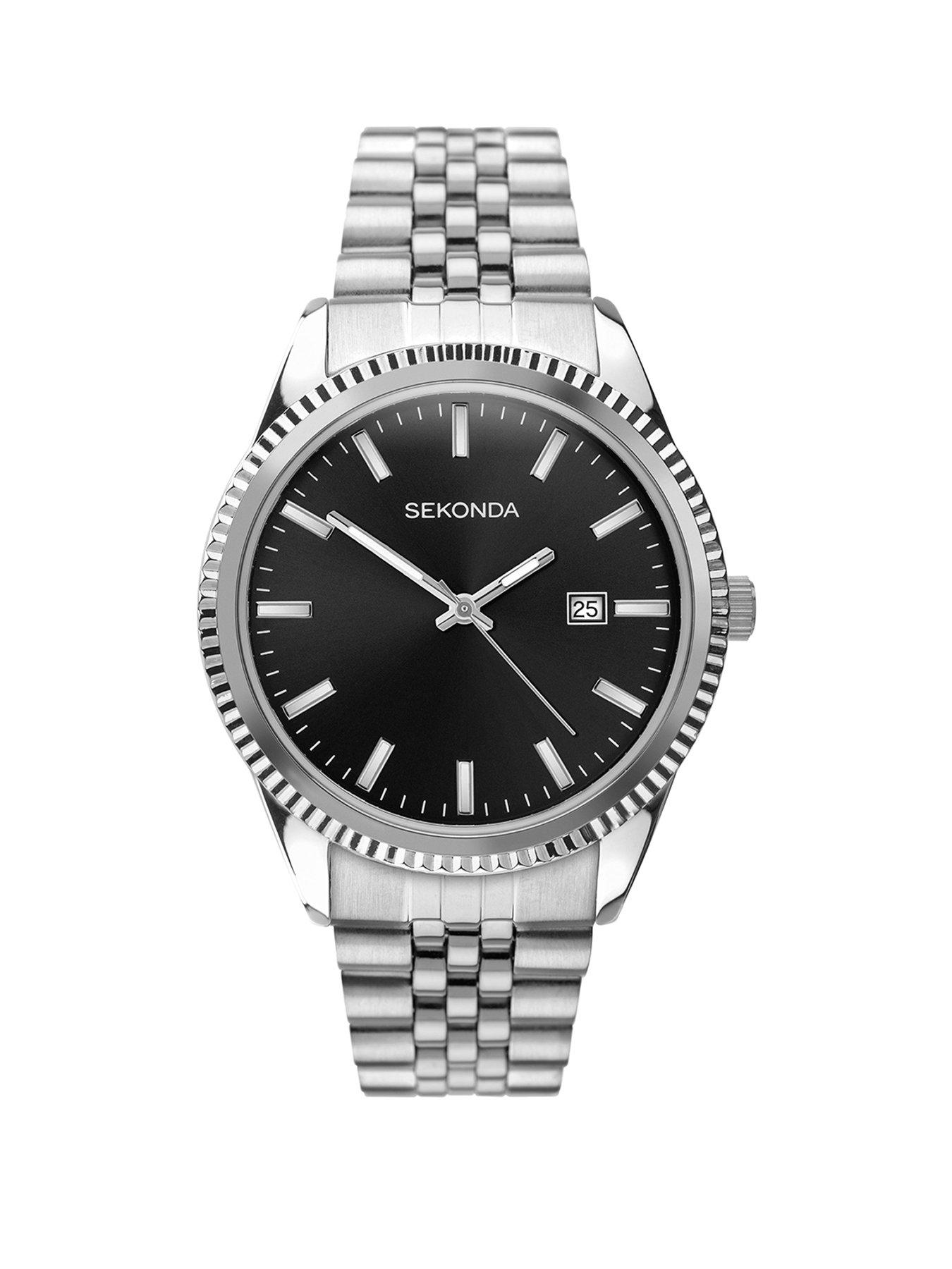Product photograph of Sekonda Mens Classic King Silver Stainless Steel Bracelet With Black Dial Analogue Watch from very.co.uk