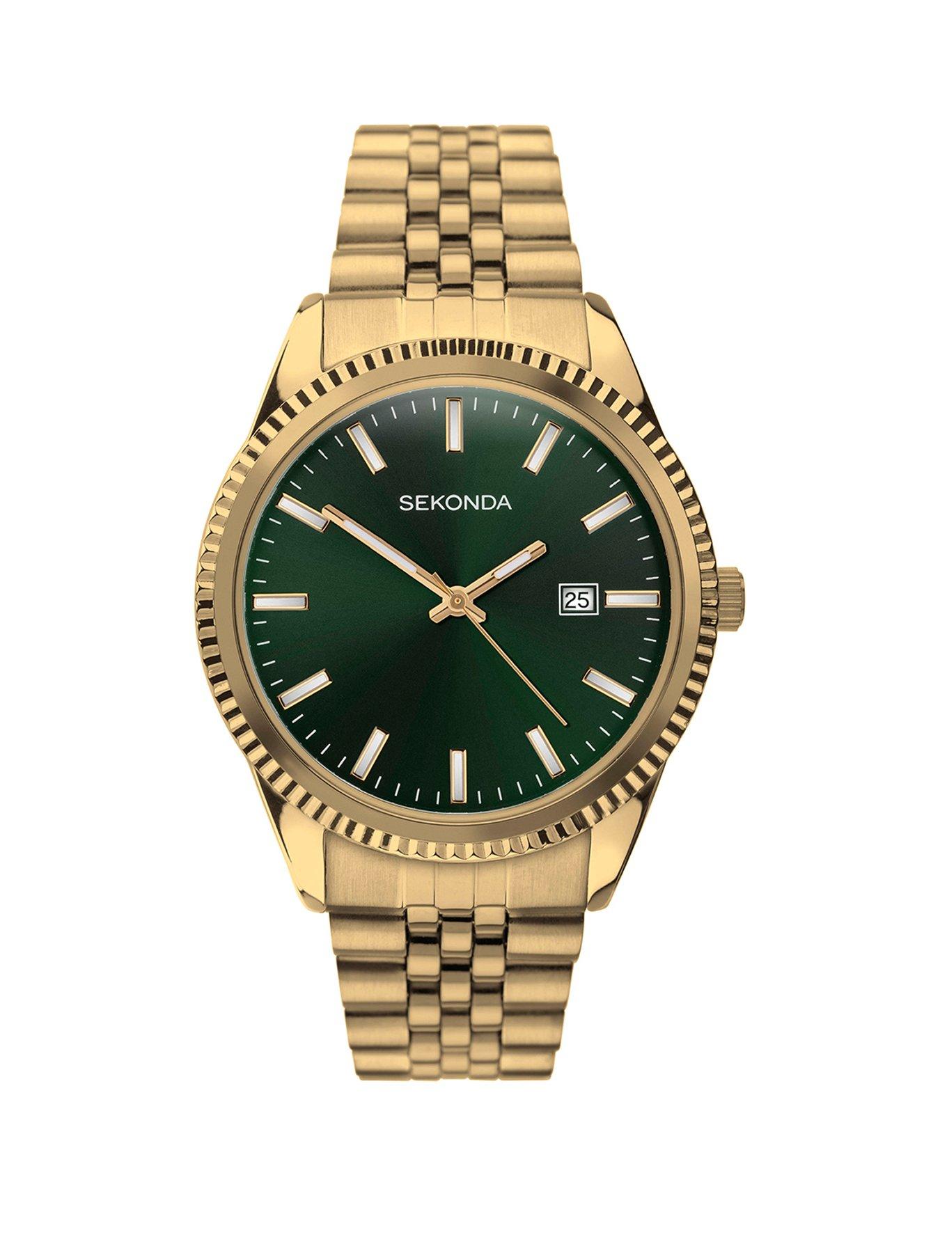 Product photograph of Sekonda Mens Classic King Gold Stainless Steel Bracelet With Green Dial Analogue Watch from very.co.uk