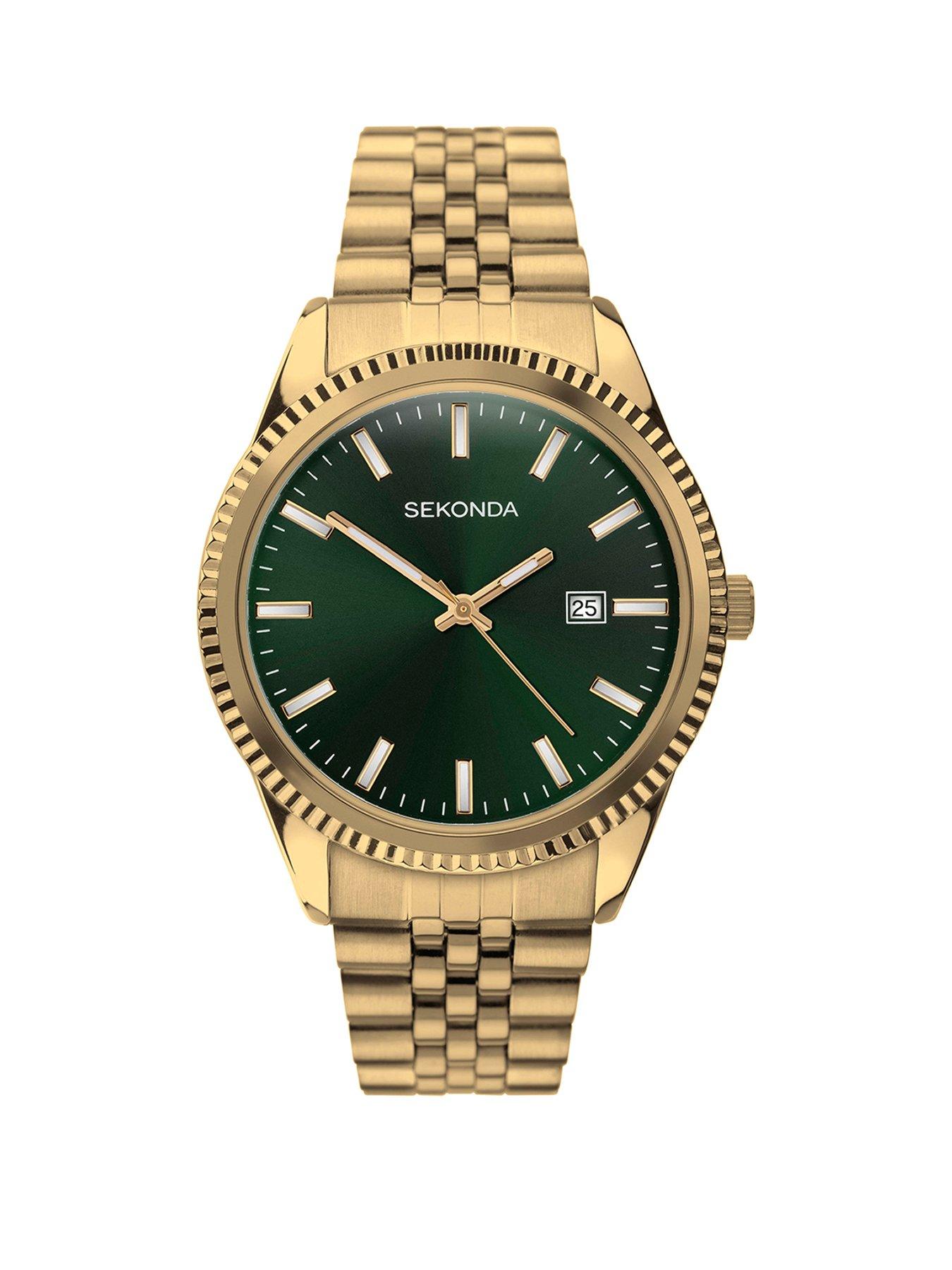 Sekonda Mens Classic King Gold Stainless Steel Bracelet with Green Dial Analogue Watch
