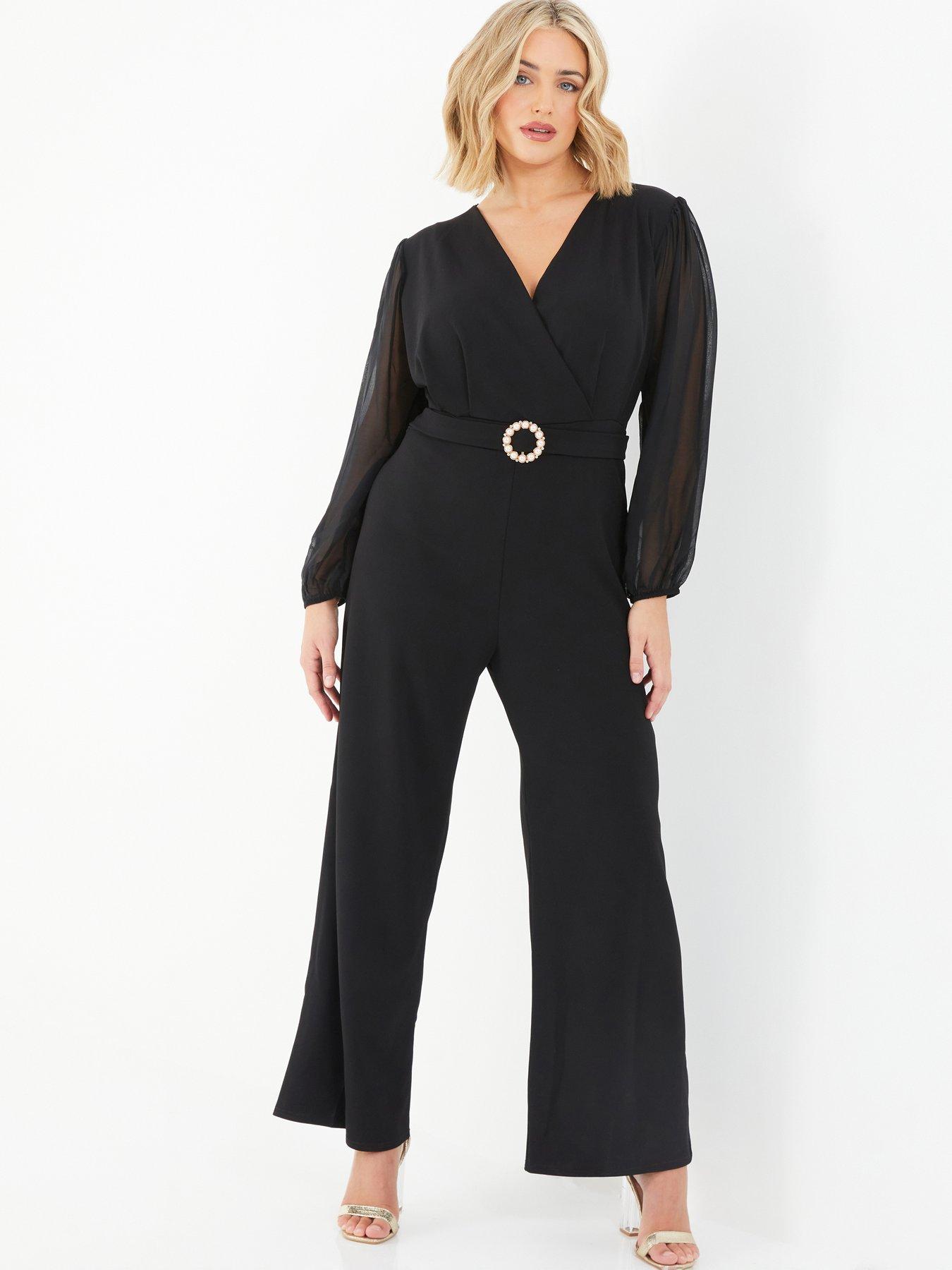 Tara Angel Sleeve Shine Plisse Cropped Leg Jumpsuit - Black