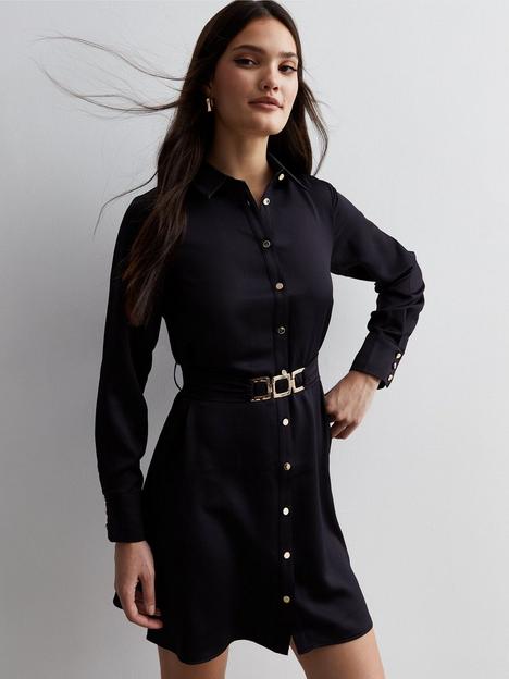 new-look-black-satin-belted-mini-shirt-dress