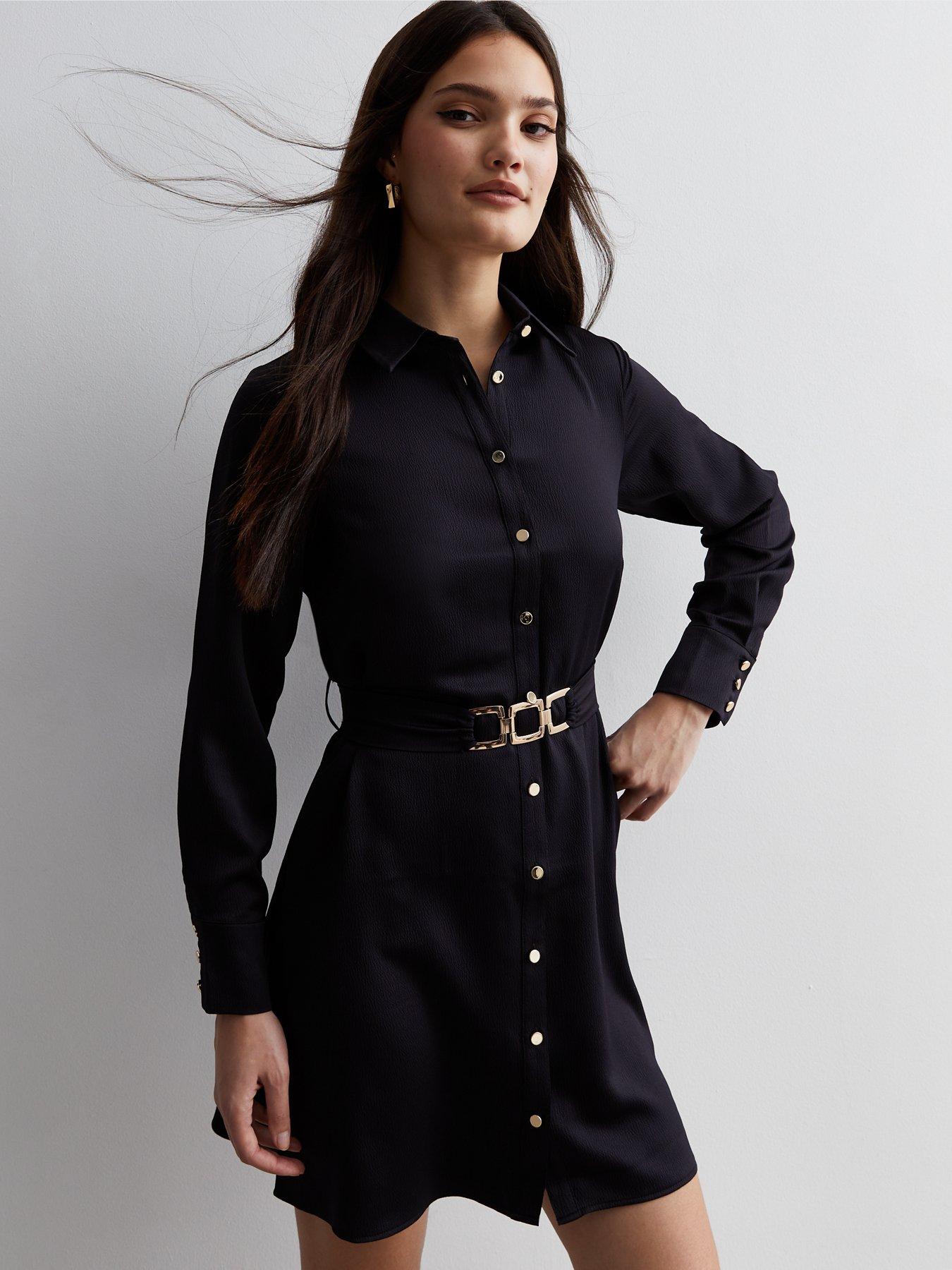 Black Satin Belted Mini Shirt Dress