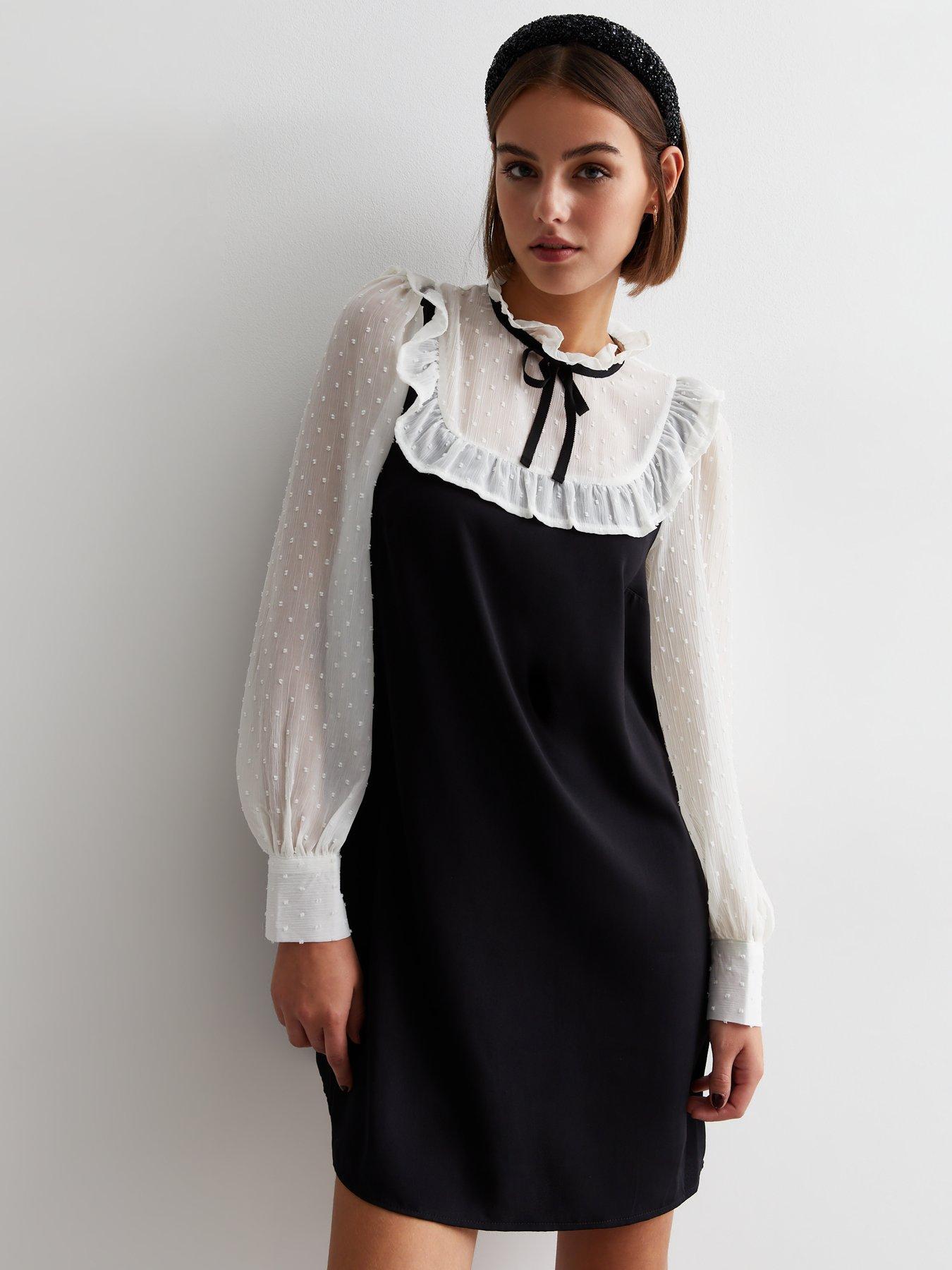 new-look-black-2-in-1-tie-neck-mini-dress