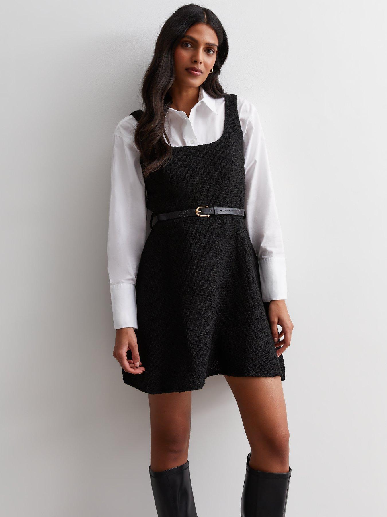 Black Boucle Belted Pinafore Mini Dress