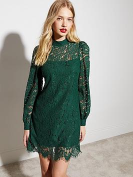 new look dark green lace high neck mini tunic dress
