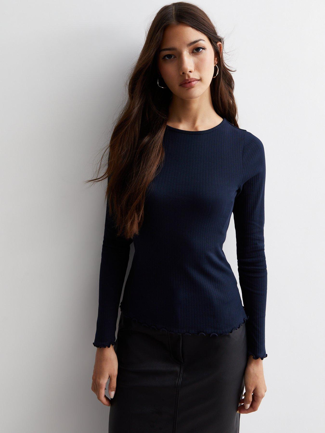 New Look Navy Ribbed Frill Long Sleeve Top