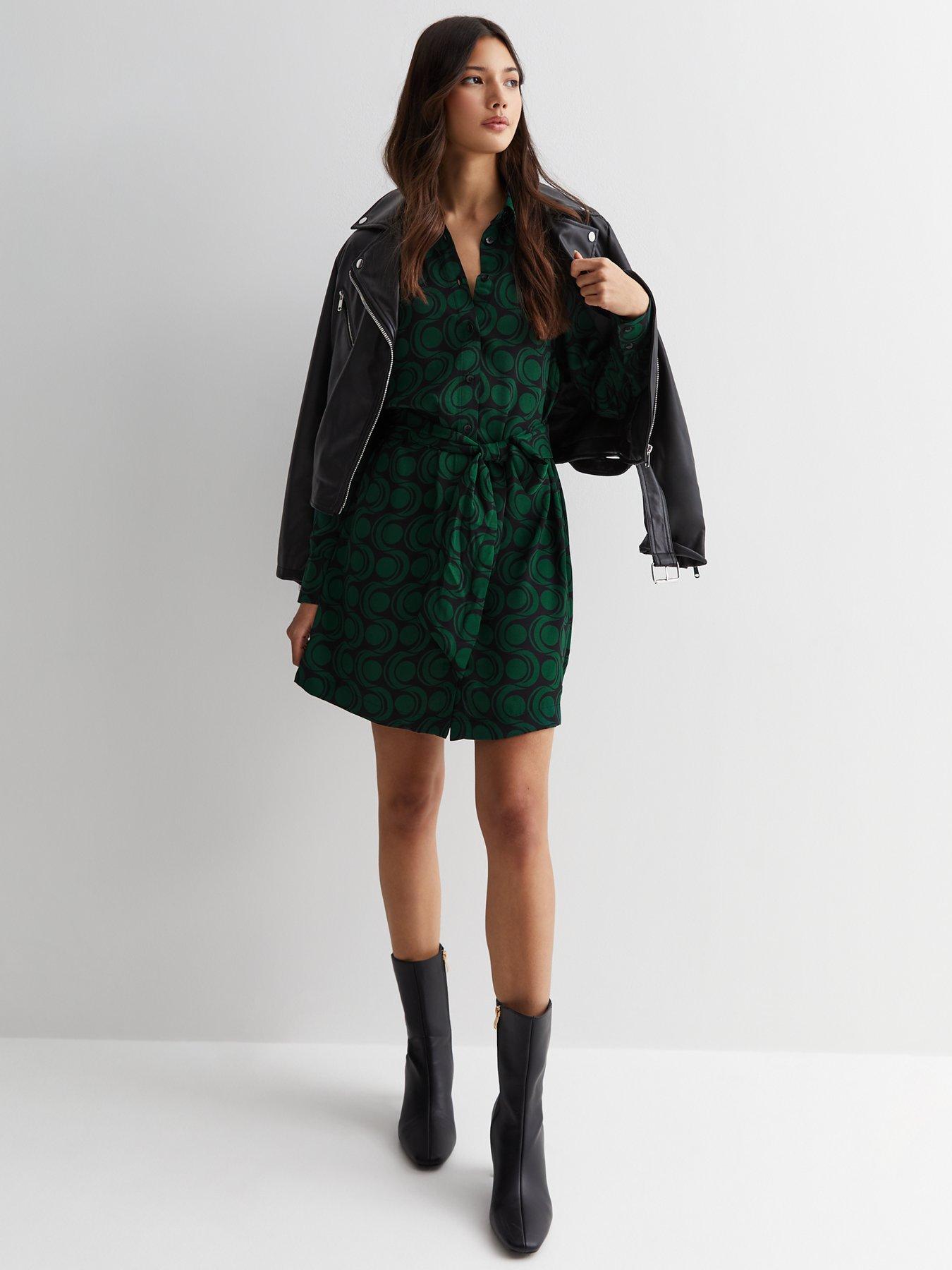 new look green geometric print belted mini shirt dress