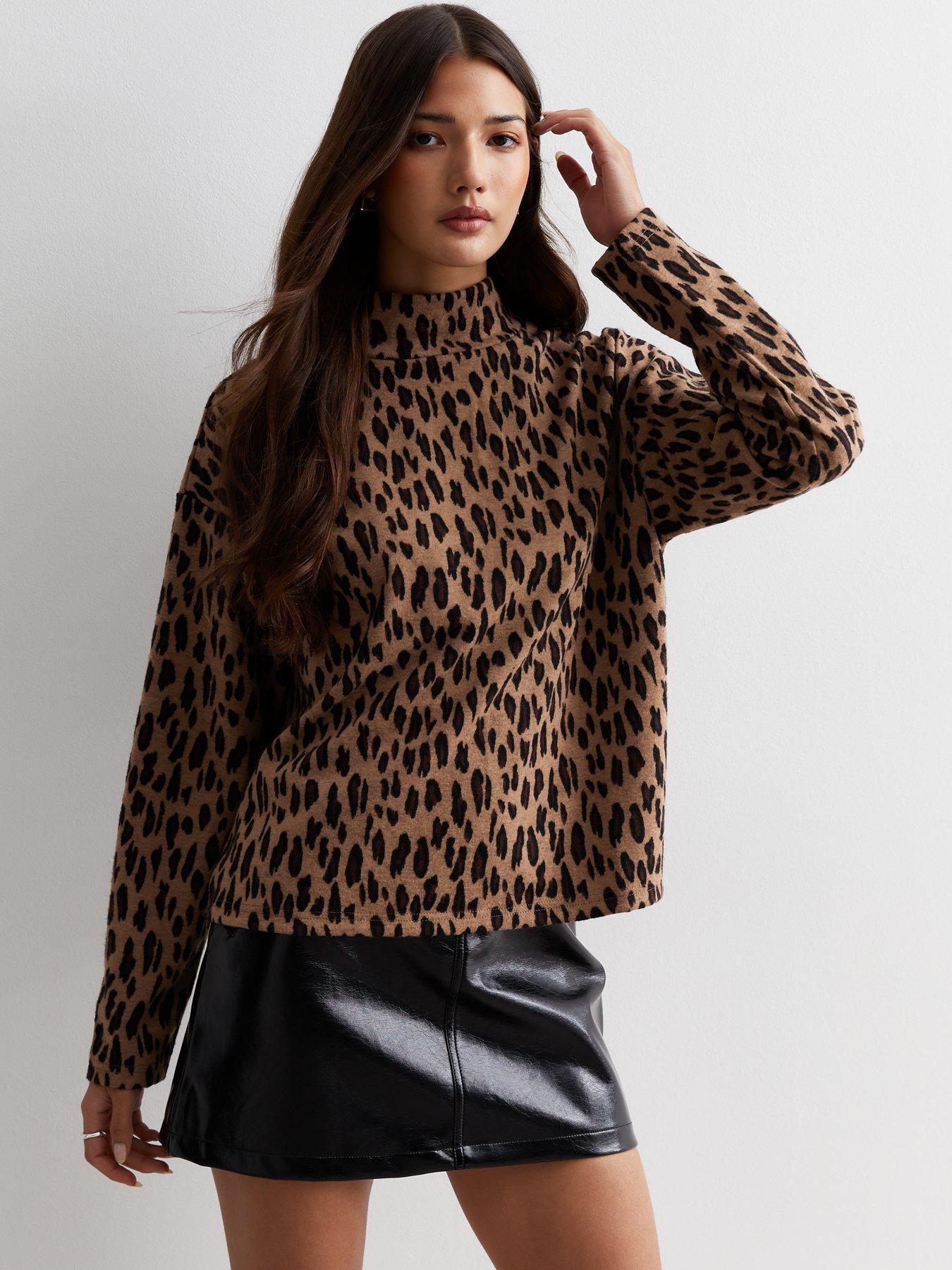 Brown Animal Print Knit High Neck Jumper