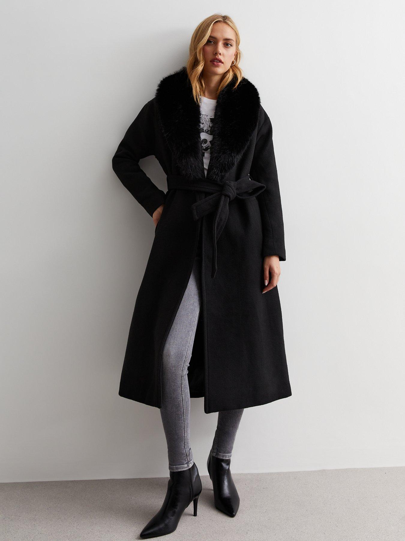 Black maxi coat with fur collar best sale