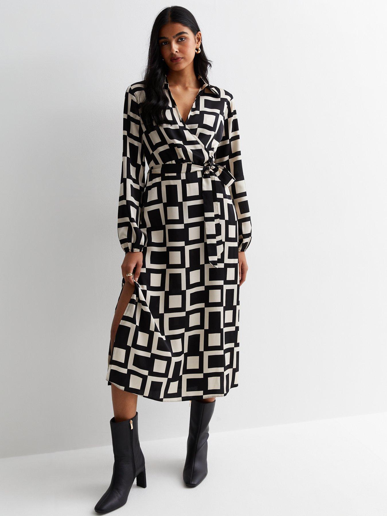 Black Window Check Wrap Belted Midi Dress