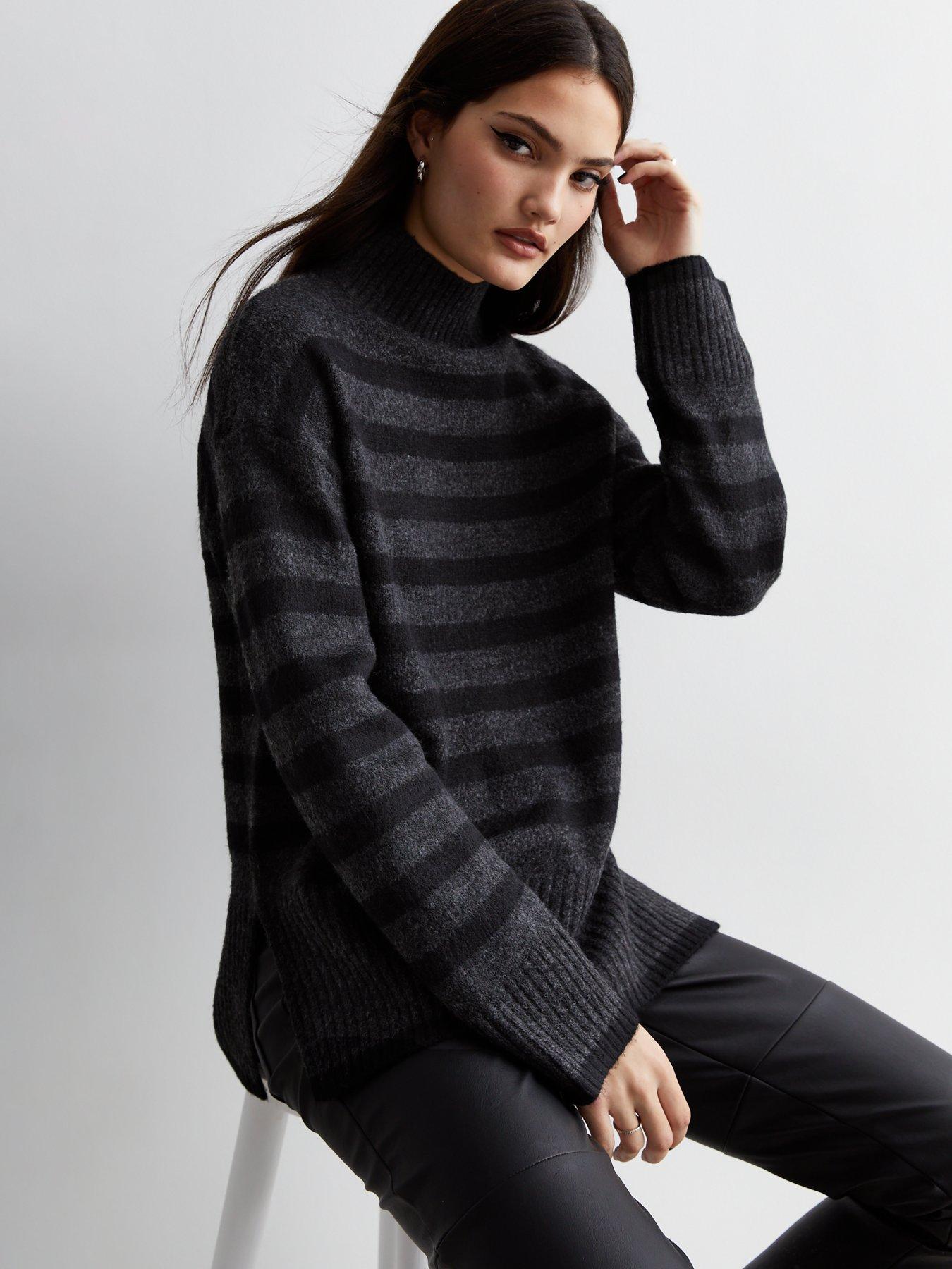 Grey Stripe Knit High Neck Jumper