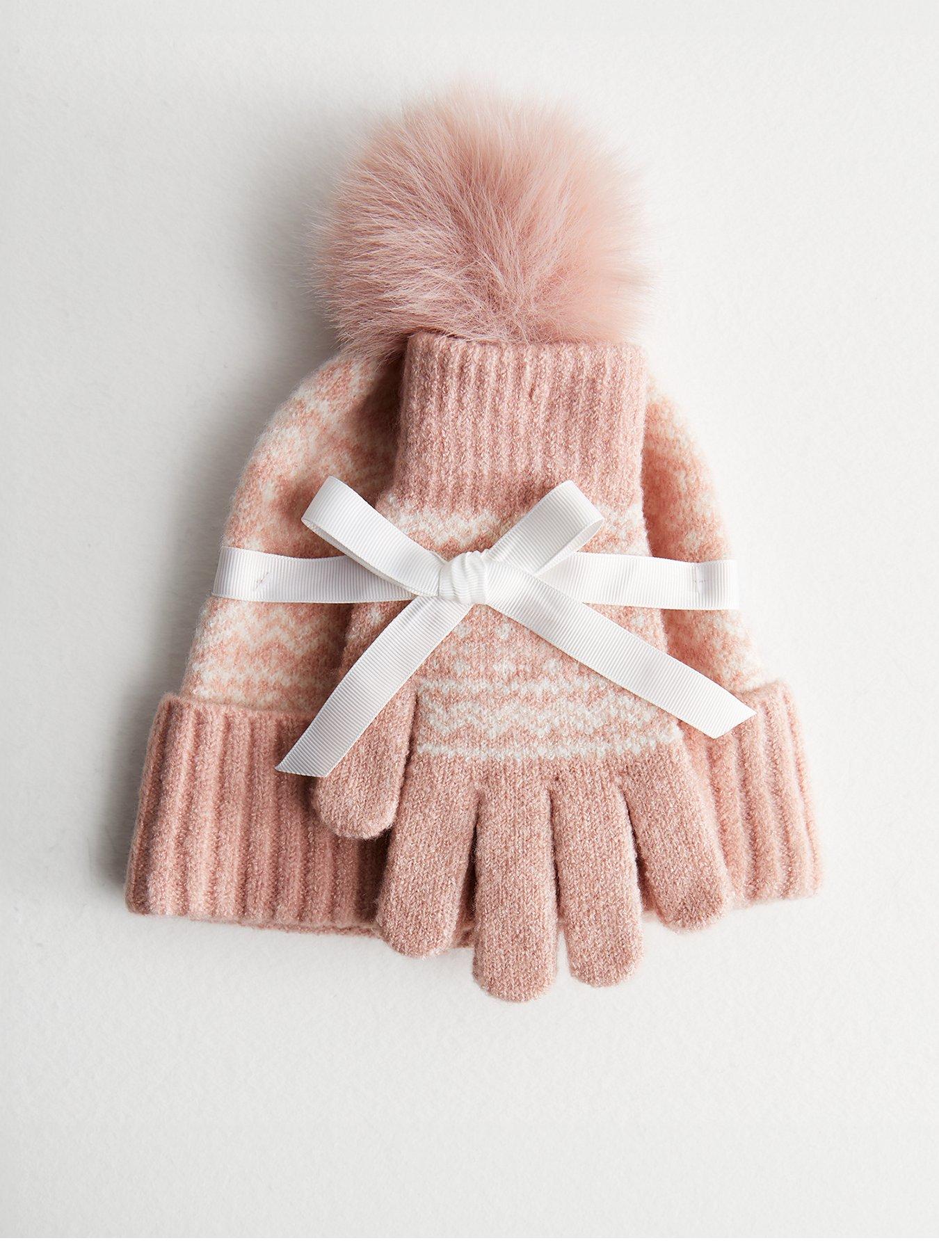 new-look-pink-fair-isle-print-hat-gloves-set