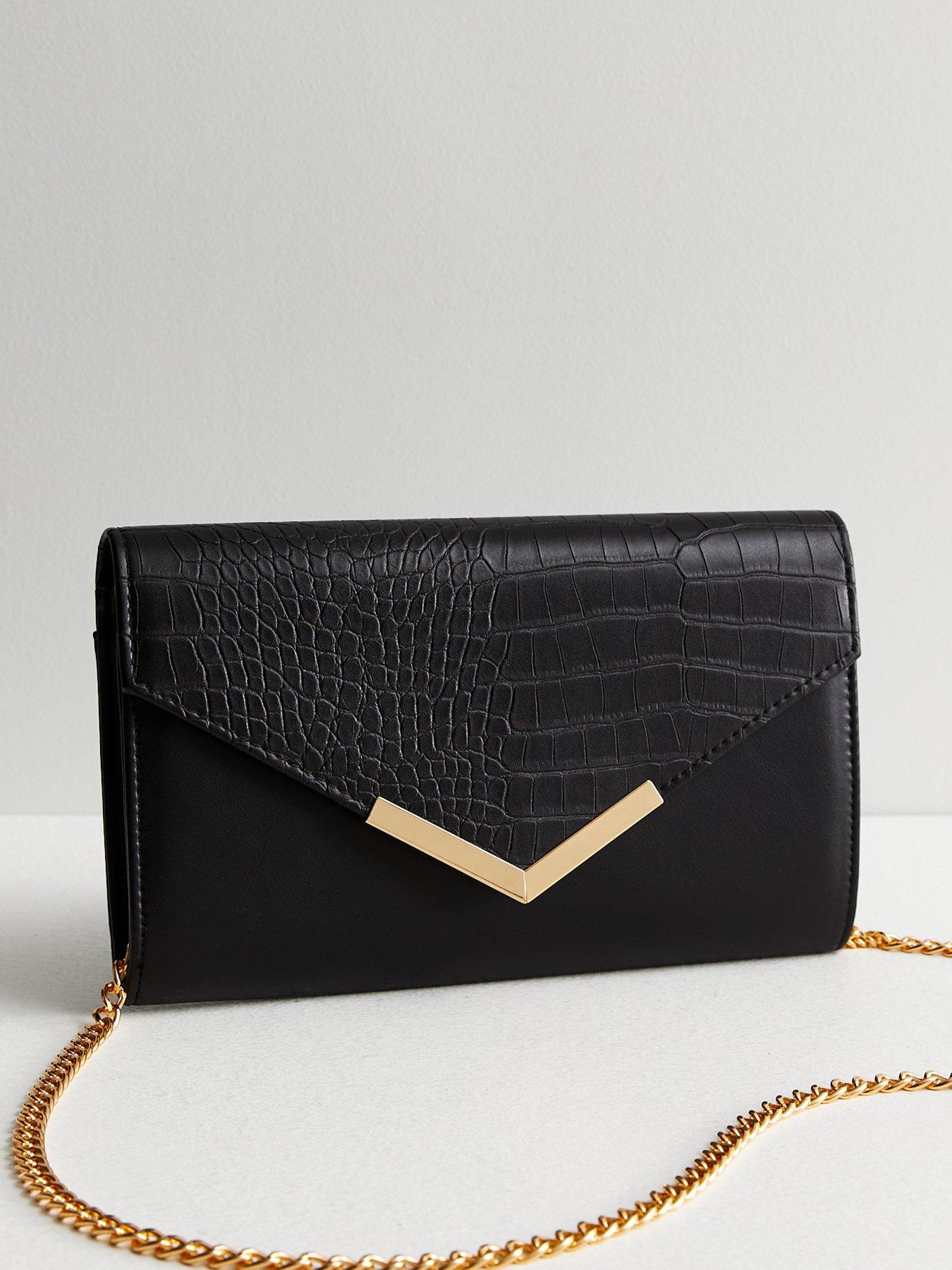 New Look Black Faux Croc Chain Envelope Clutch Bag very