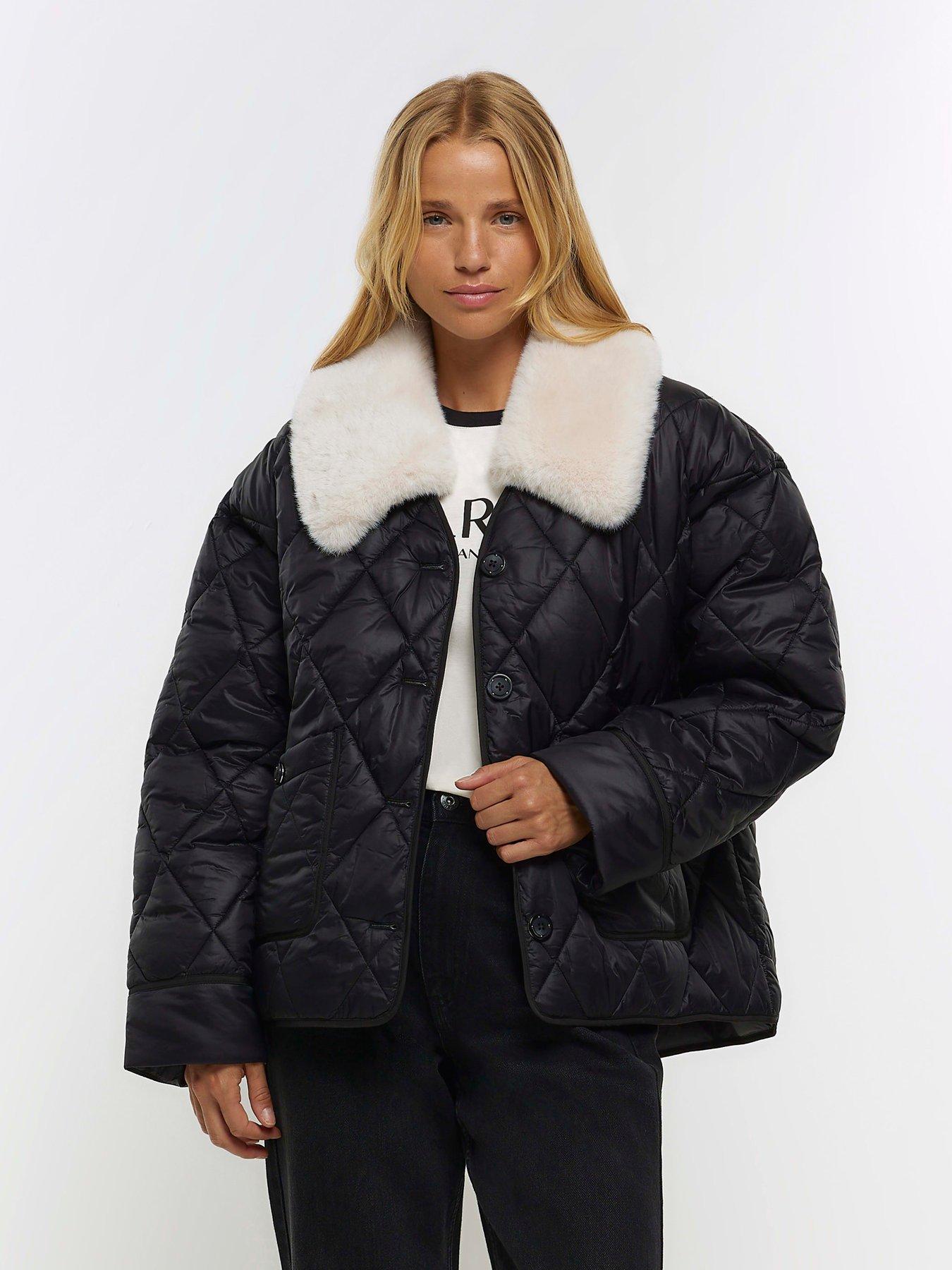 PixieGirl Petite Faux Fur Trim Padded Coat - Black