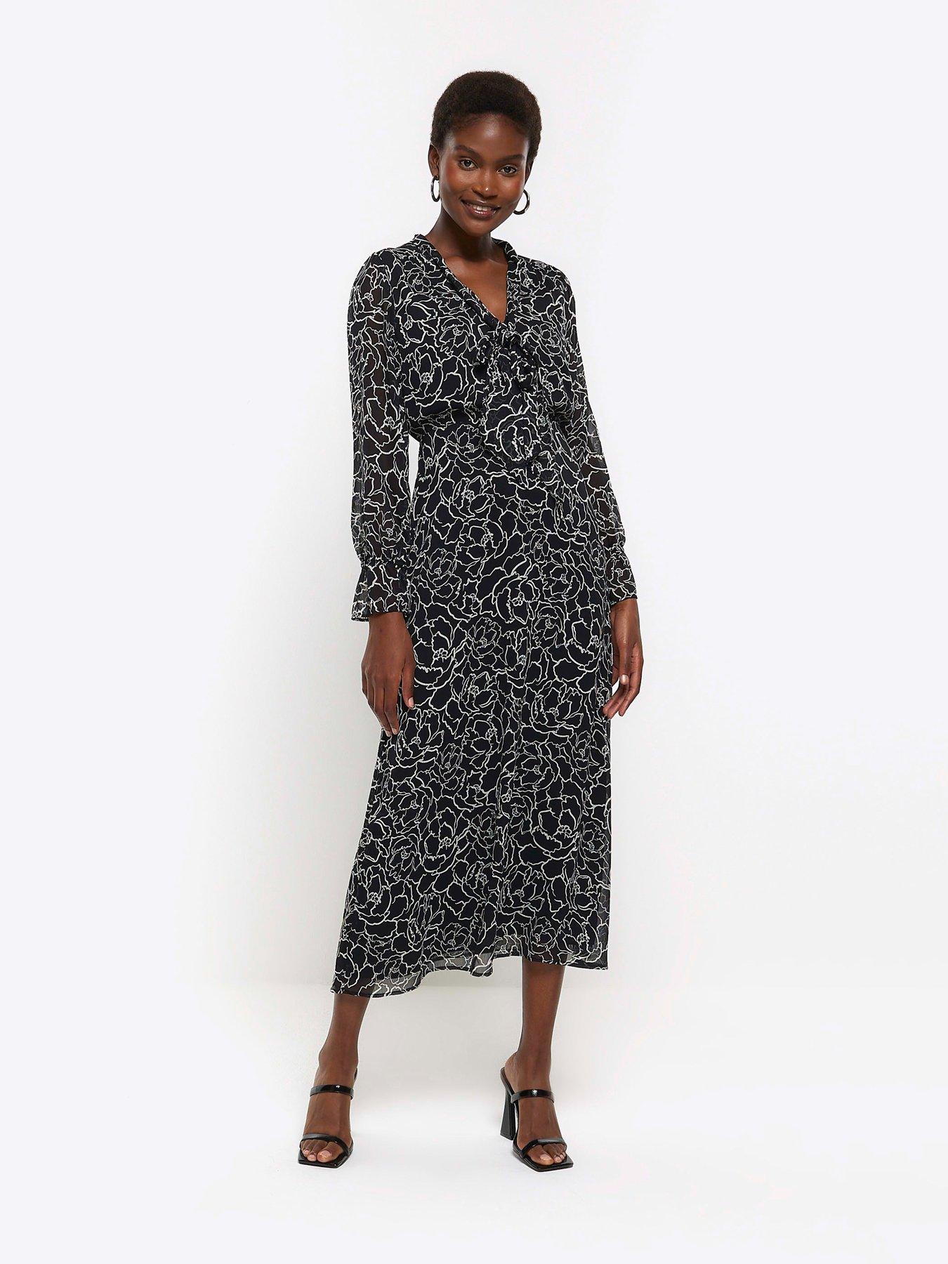 Image 1 of 4 of River Island Pussy Bow Shirt Dress - Black