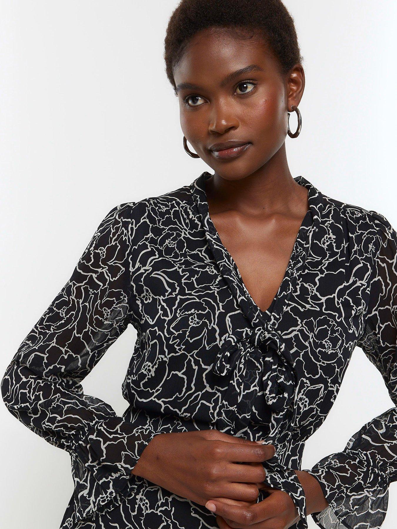Image 4 of 4 of River Island Pussy Bow Shirt Dress - Black