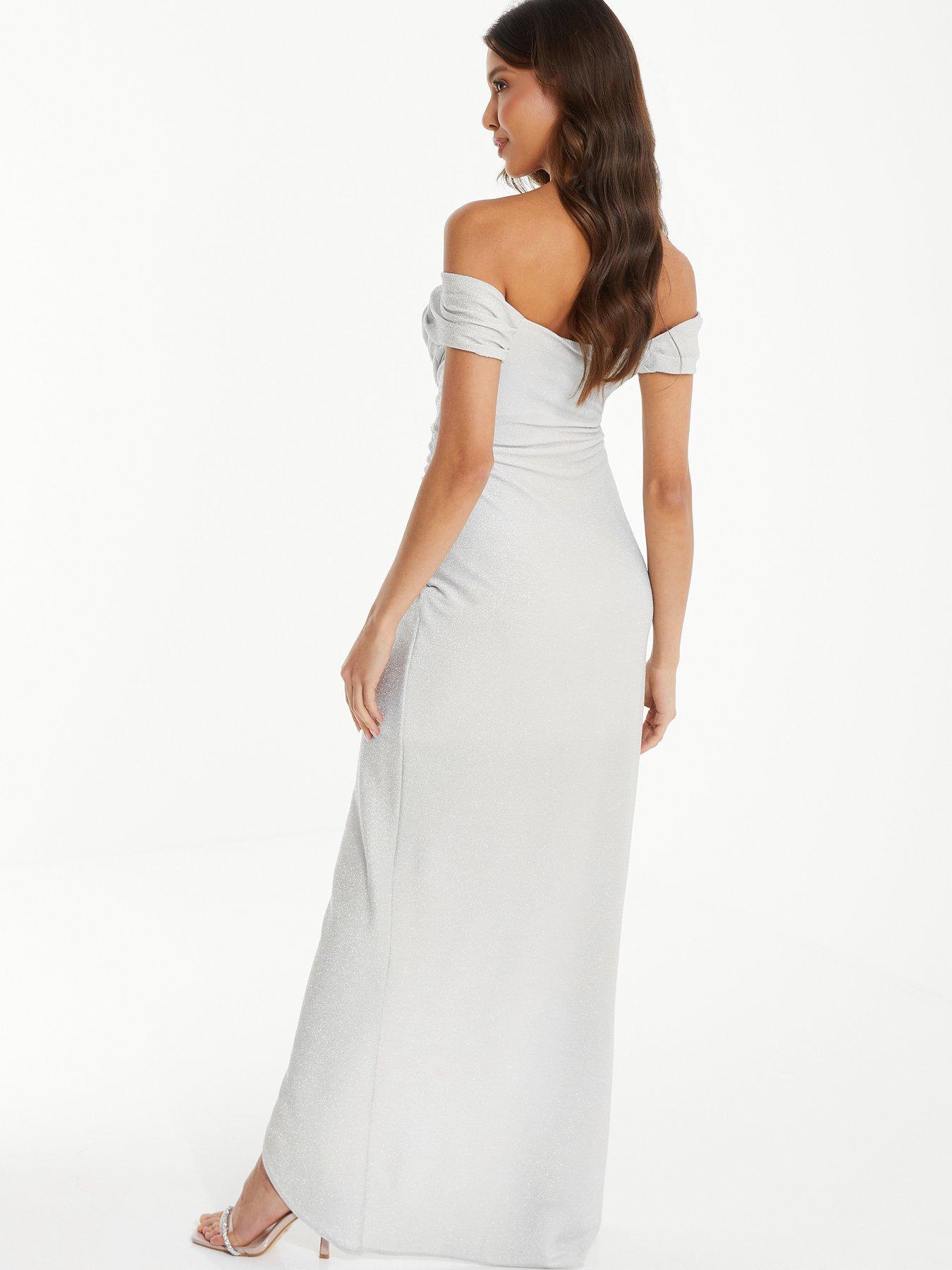 Quiz Silver Glitter Bardot Wrap Maxi Dress Very.co.uk