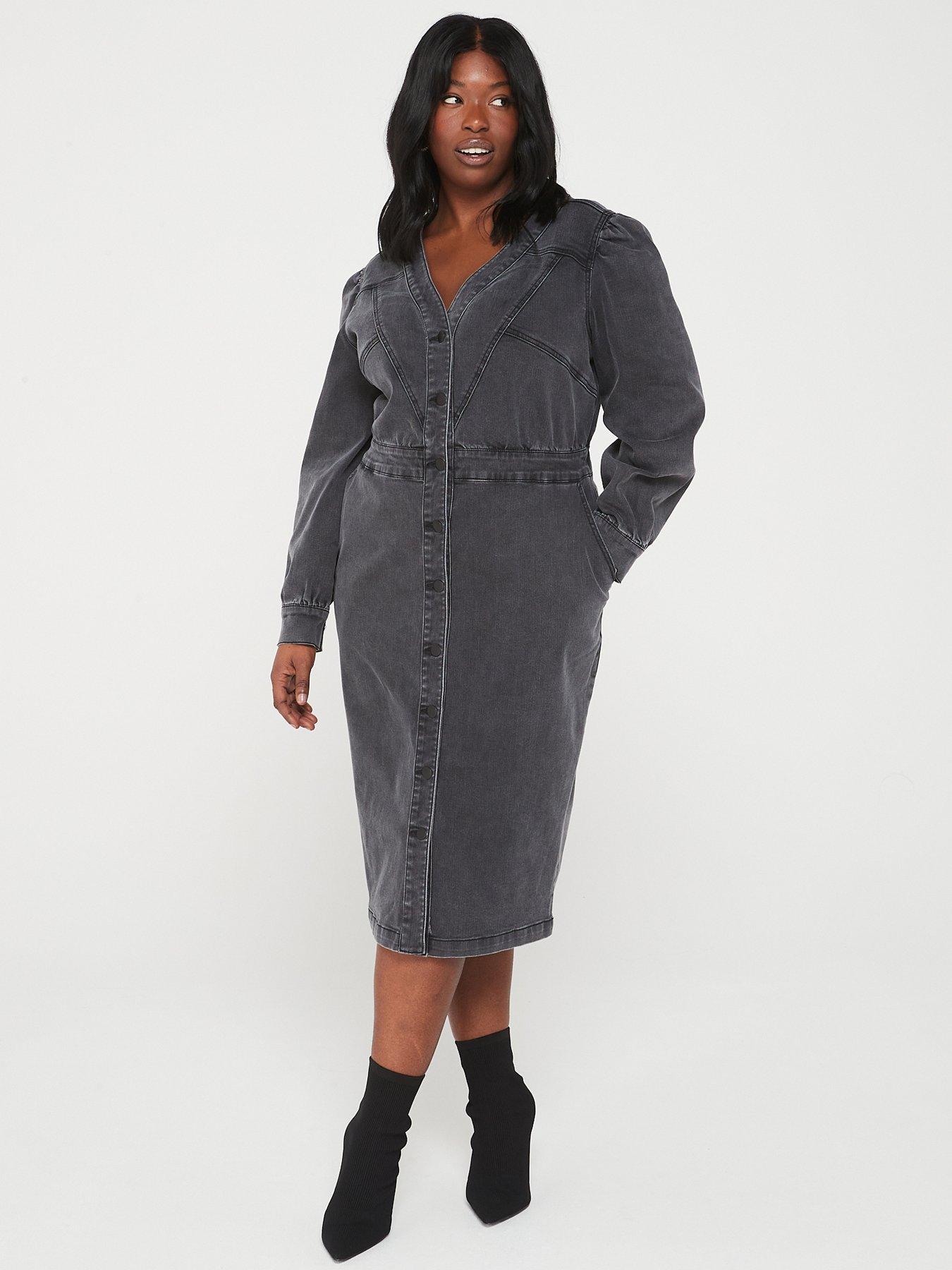 V By Very Curve Button Front V Neck Denim Midi Dress