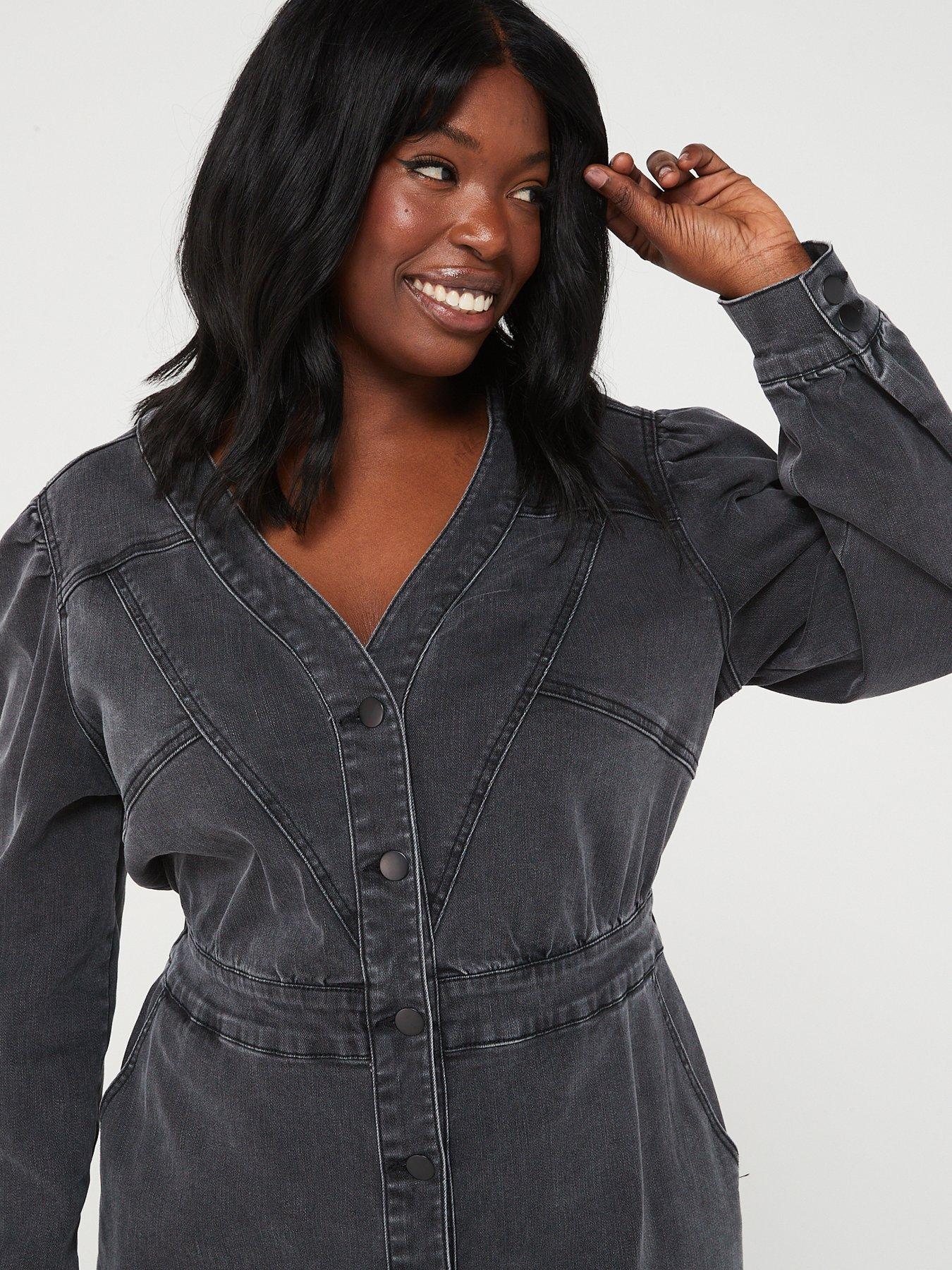 V by Very Curve Button Front V Neck Denim Midi Dress Very