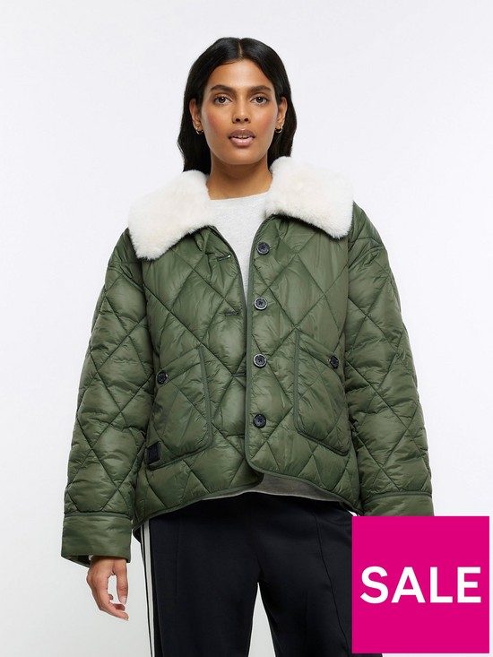 front image of river-island-faux-fur-collar-padded-jacket-khaki