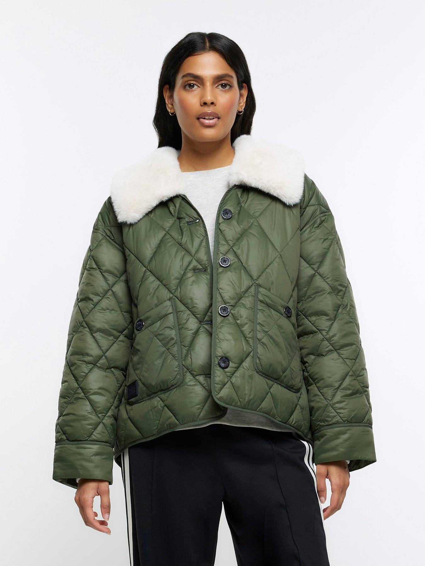 Faux Fur Collar Padded Jacket - Khaki