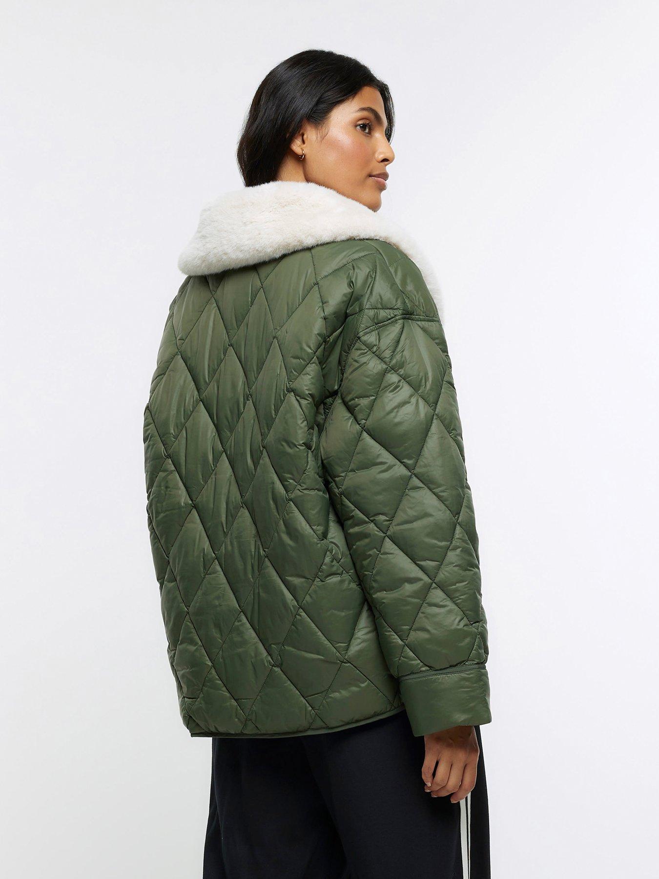 River Island Faux Fur Collar Padded Jacket - Khaki