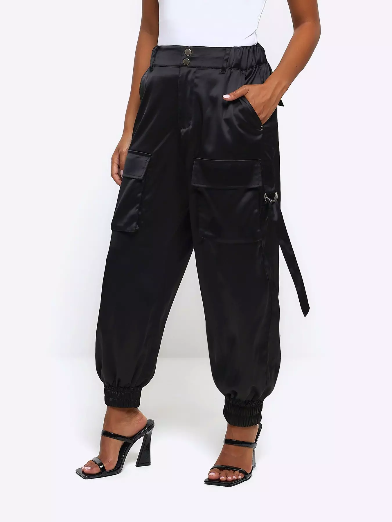 Black Satin Cuffed Cargo Pants | AX Paris | SilkFred US