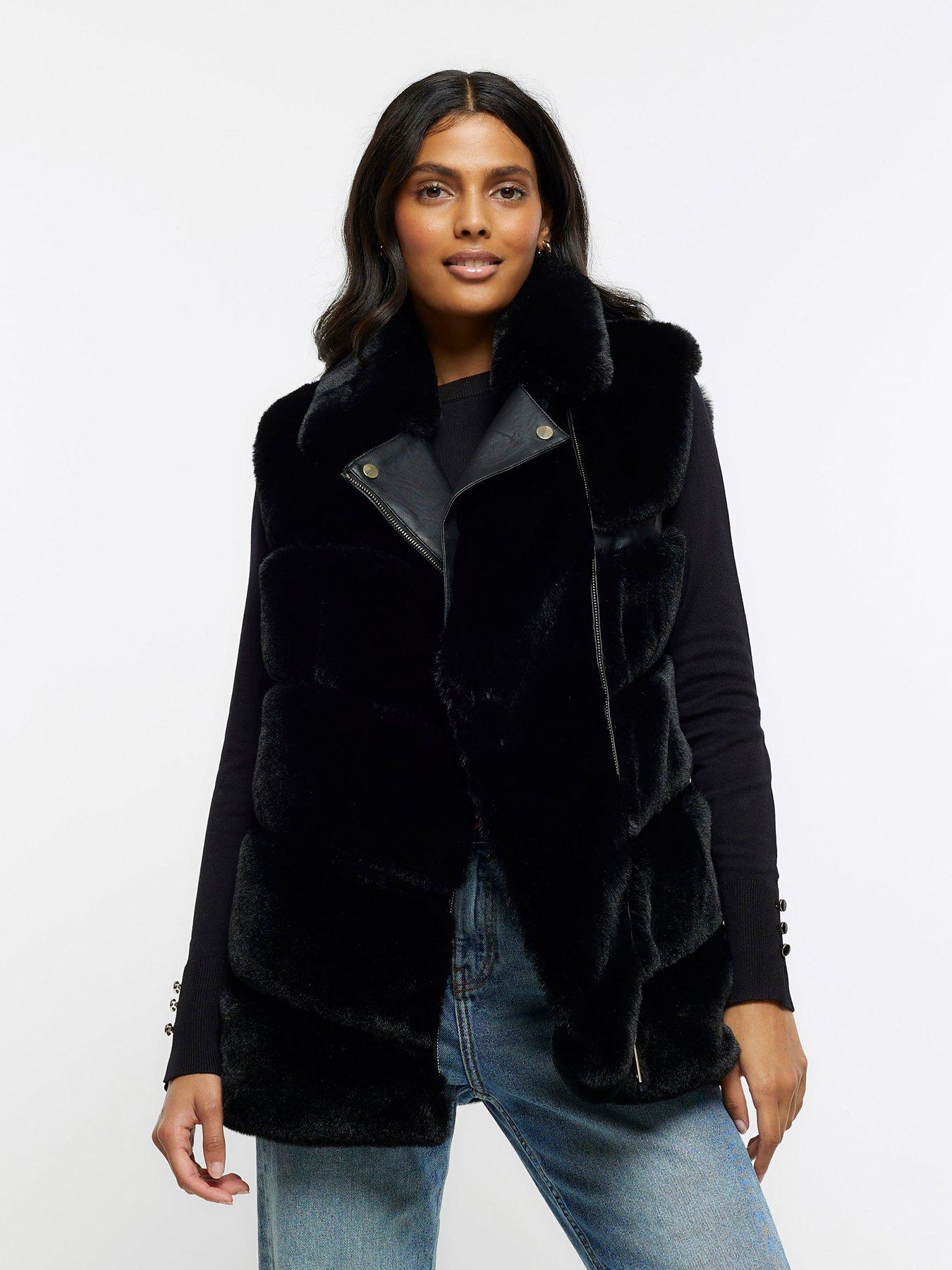 River Island Fur Panelled Biker Gilet Jacket - Black | very.co.uk