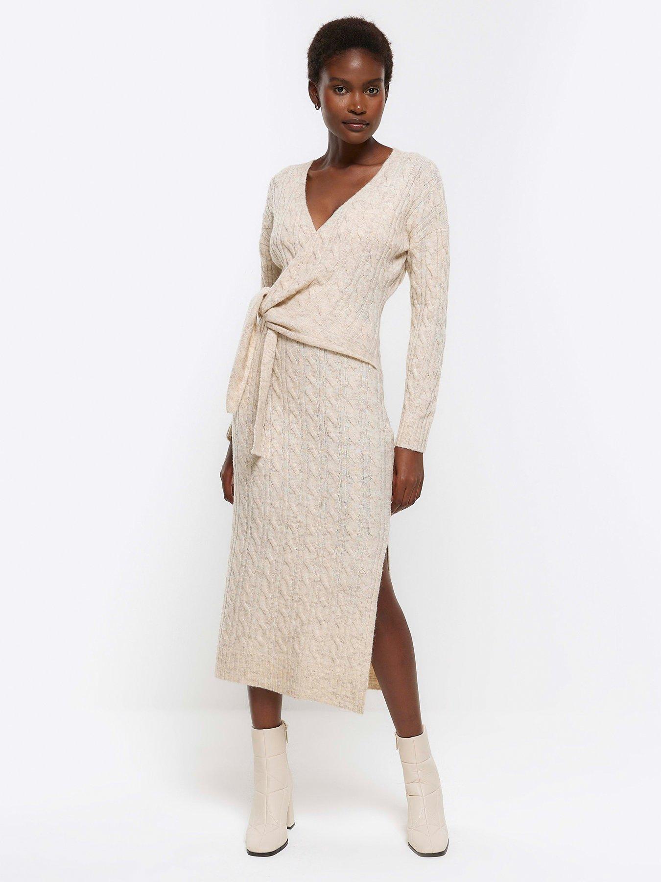 Beige long store sleeve midi dress