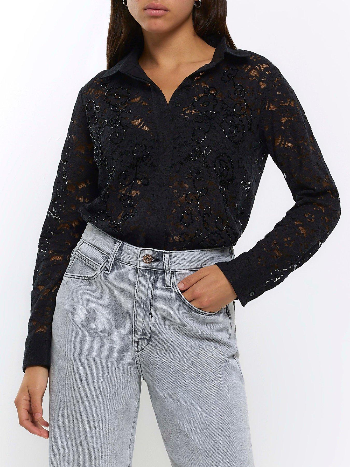 River Island Slim Laced Beaded Shirt Black Very