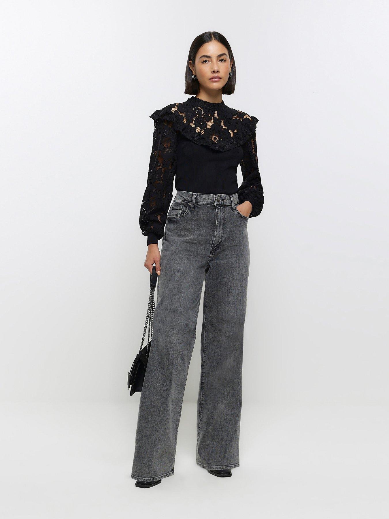 River Island Lace Mix Rib Top - Black | very.co.uk