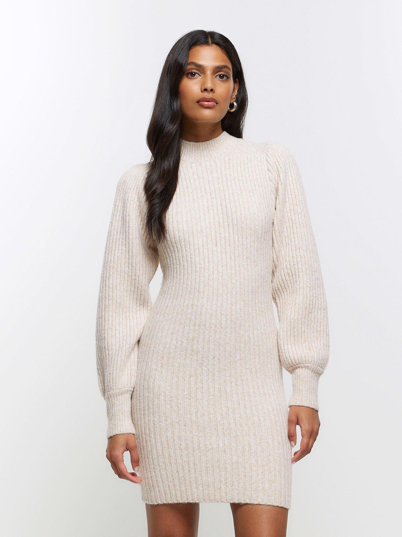 River Island Puff Sleeve Cosy Jumper Dress Cream