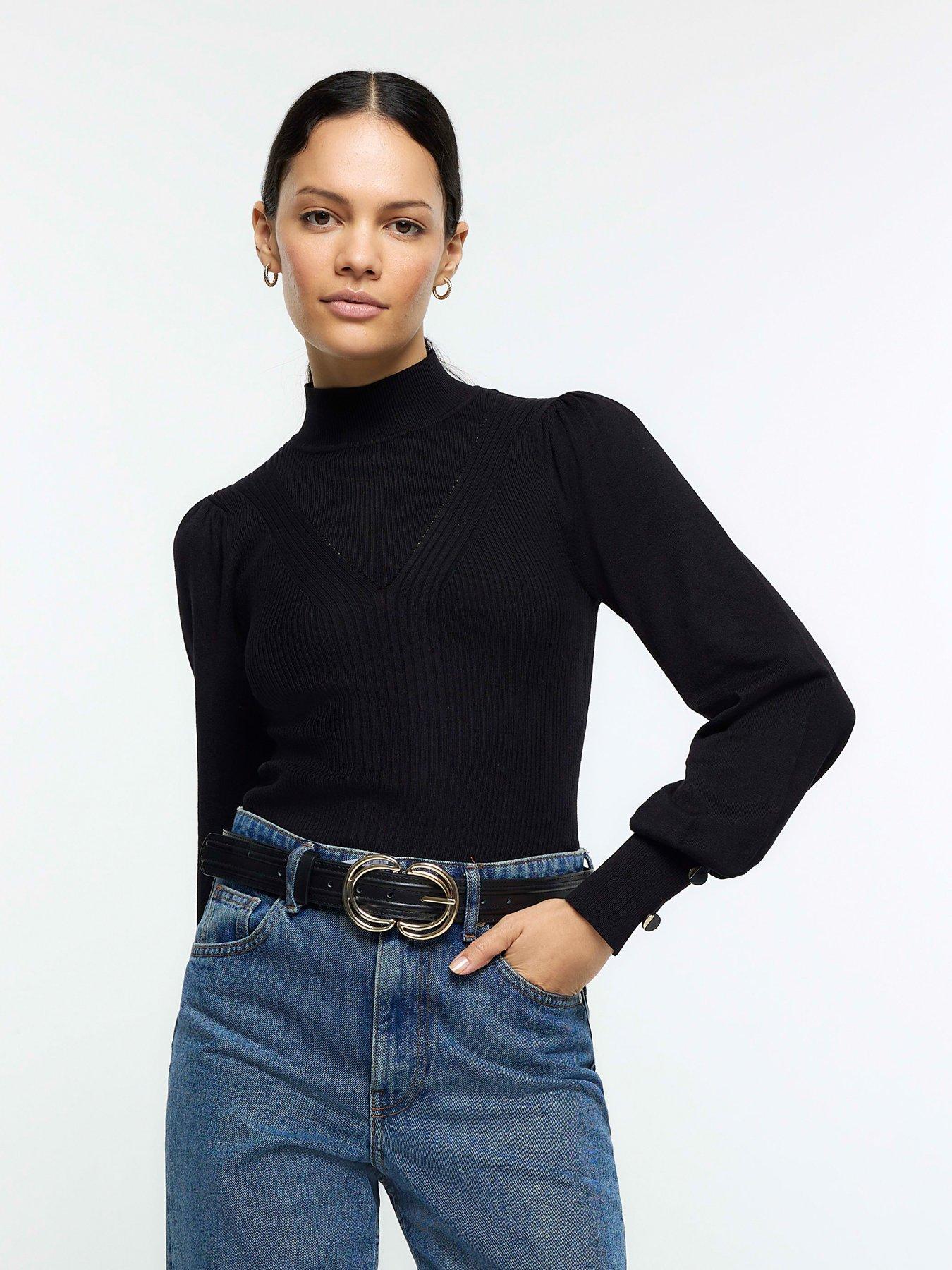 Black ribbed roll neck top best sale