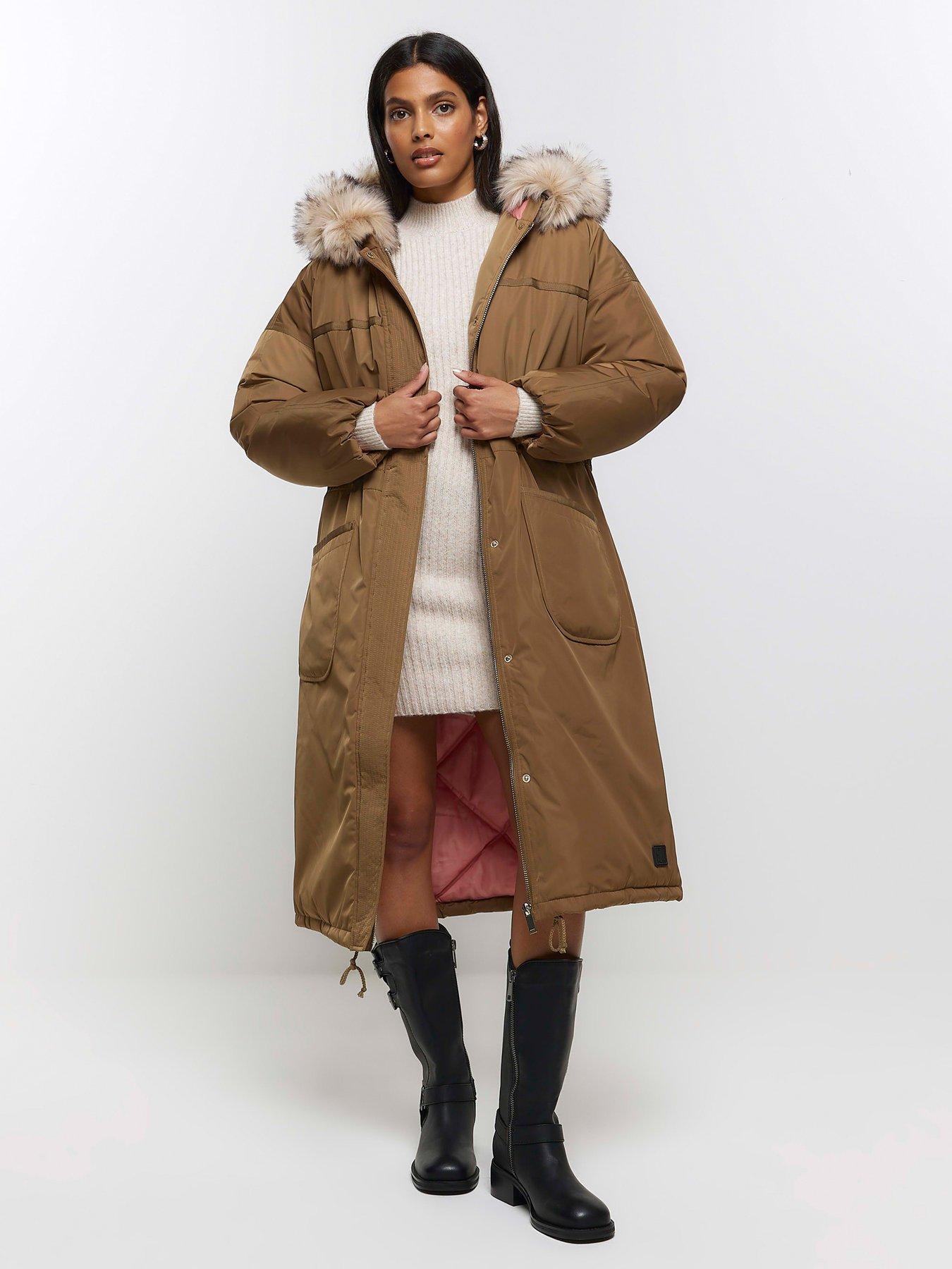 River Island faux fur lined parka jacket in khaki